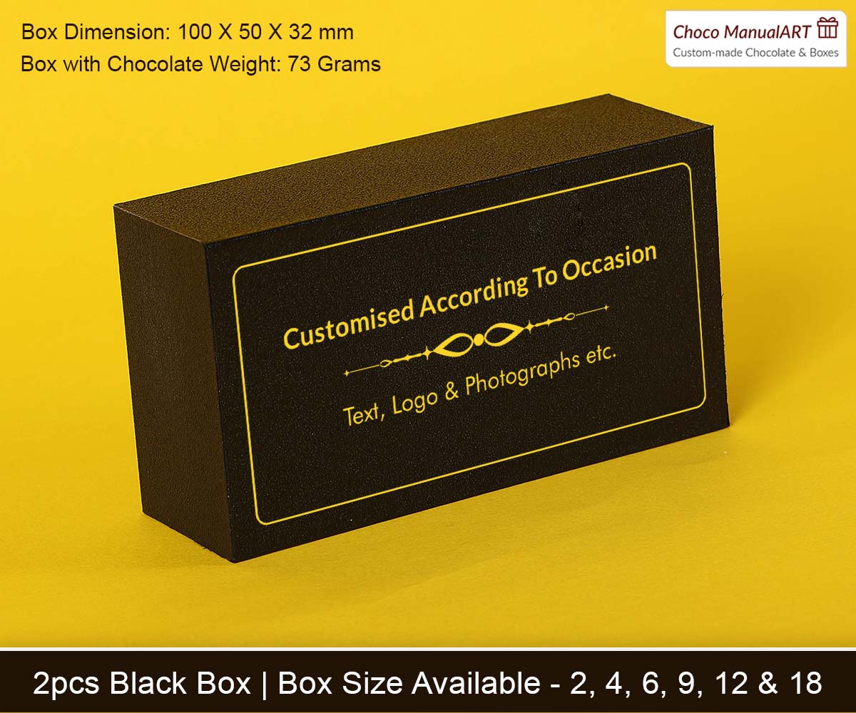 Customizable black chocolate gift box with company logo, text, or photo – available in 2, 4, 6, 9, 12 & 18-piece sizes – ideal for corporate gifting and branding