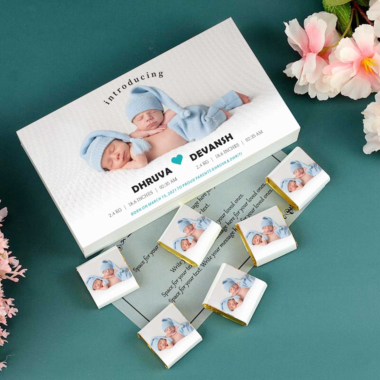 Cute blue heart printed wrapped chocolates twins announcement Unusual newborn baby boy gifts  Best baby gifts for new moms.