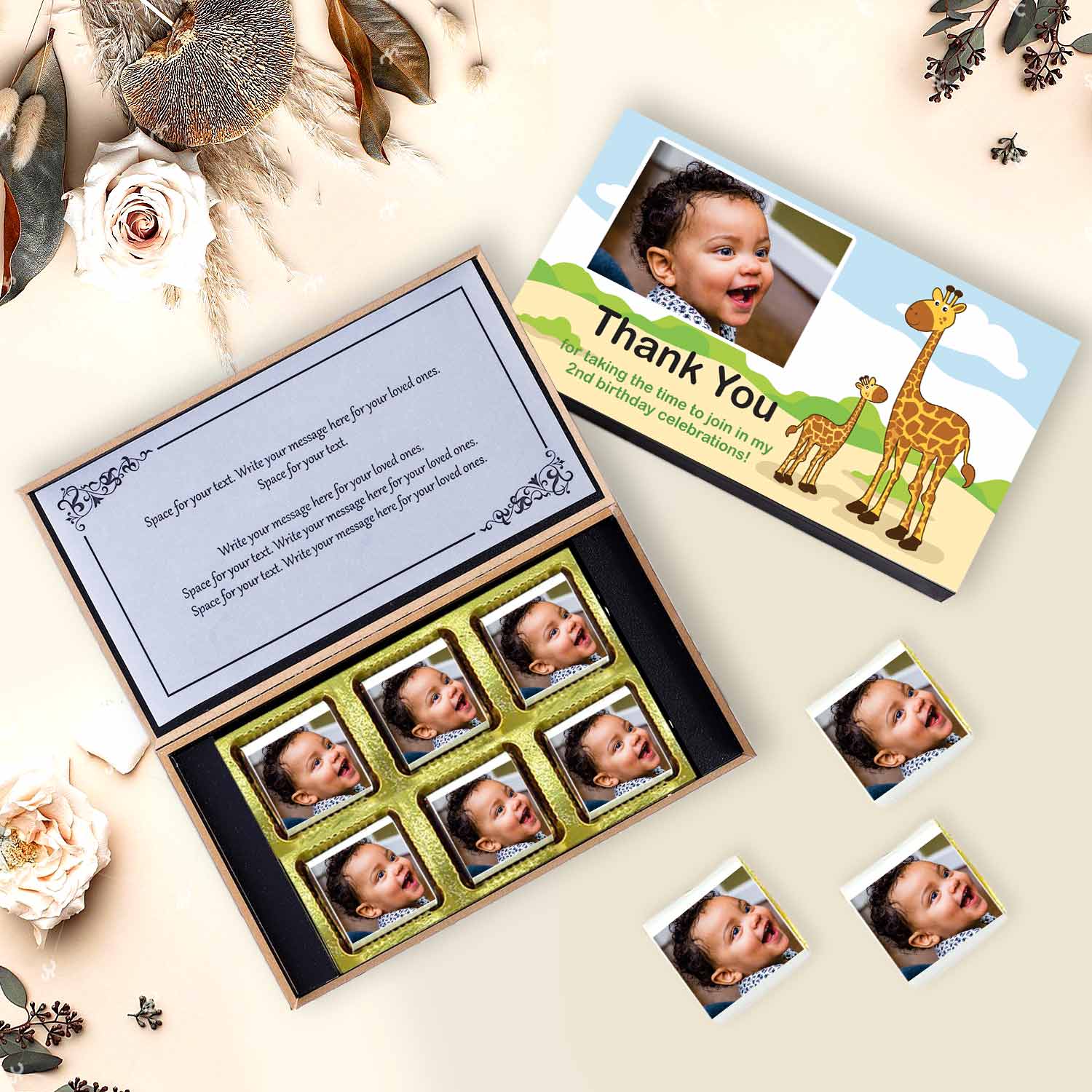 Baby giraffes design personalised birthday return gift PERSONALISED BIRTHDAY RETURN GIFT WITH CUTE GIRAFFES BOX WRAPPED CHOCOLATES  