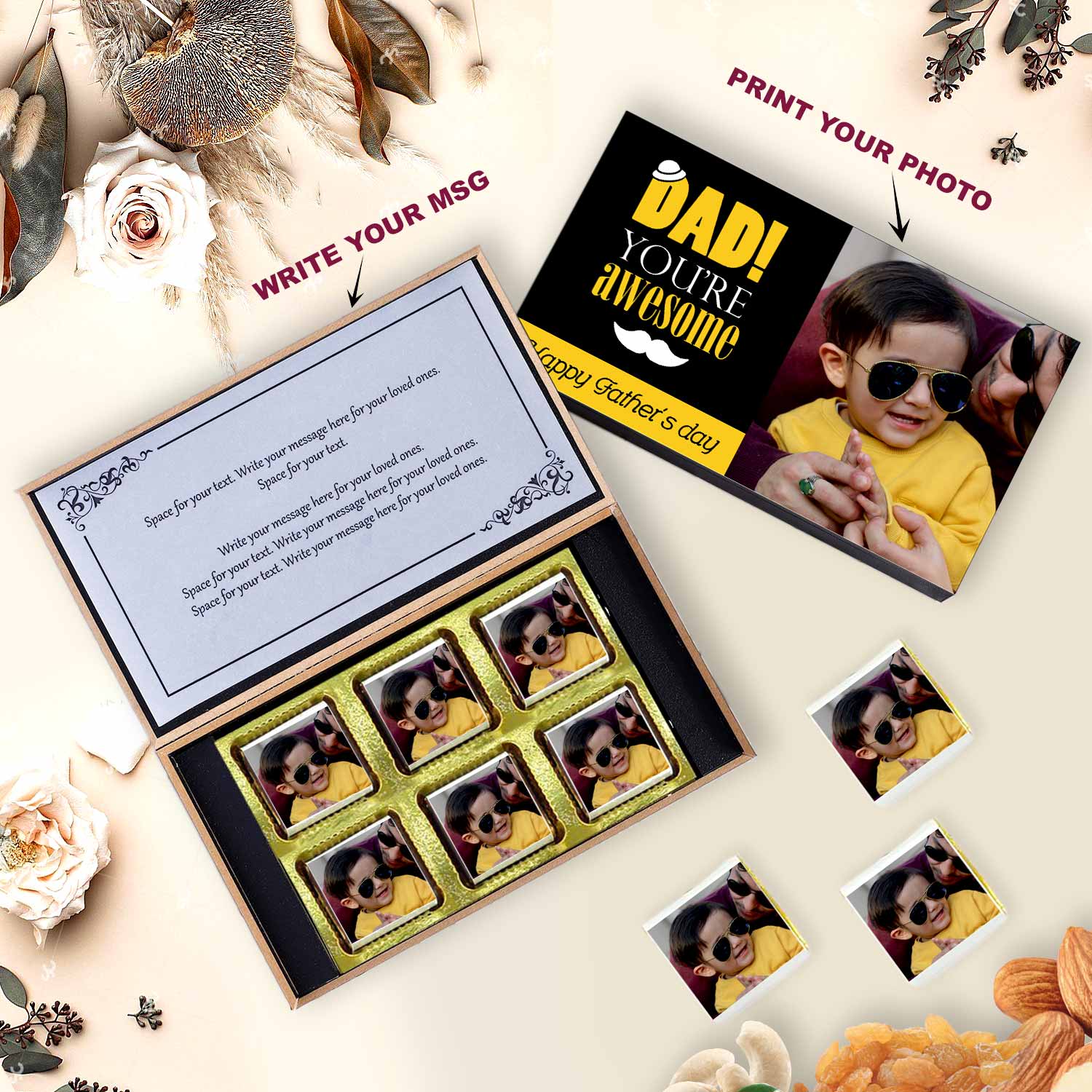 customized black wooden box with all wrapper printed chocolates. There is also a personalized message printed on Message paper inside the box.