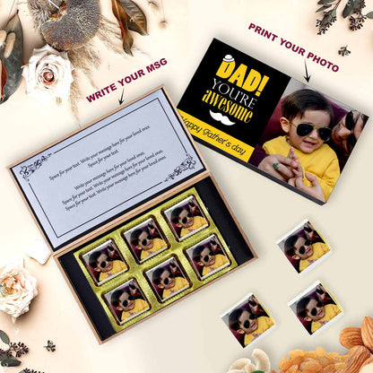 customized black wooden box with all wrapper printed chocolates. There is also a personalized message printed on Message paper inside the box.