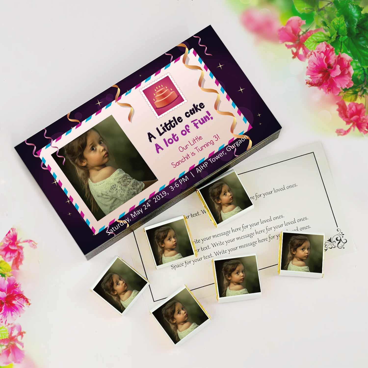 Dangling ribbons customised birthday invitationThe best Customized chocolate box for Birthday Invitation