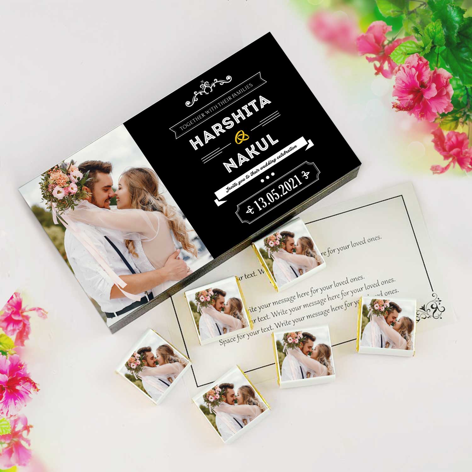 Delicate wedding rings printed wrapped chocolates invitationpersonalized chocolate box for wedding invitation. customized  chocolate box for gift.