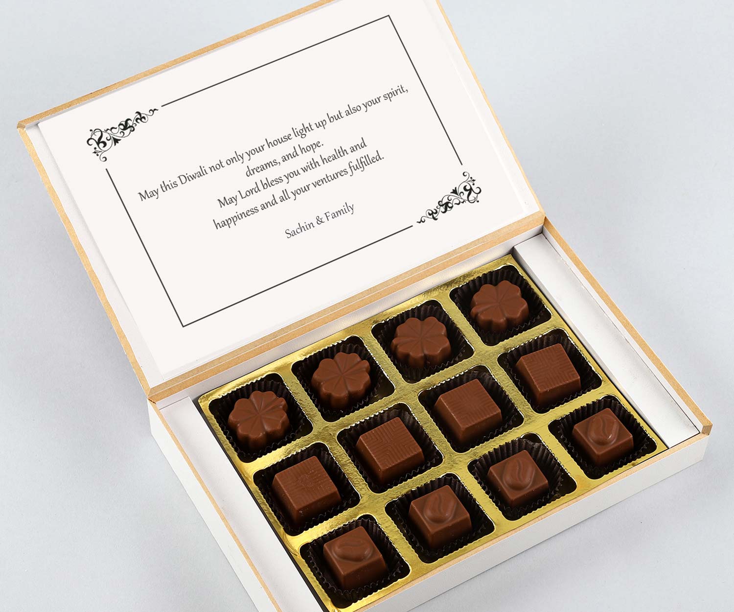 White modern box of wrapped chocolates diwali gift