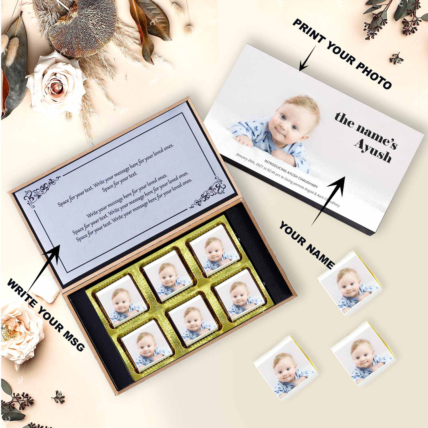  Customized black wooden box with all wrapper printed chocolates. There is also a personalized message printed on Message paper inside the box..