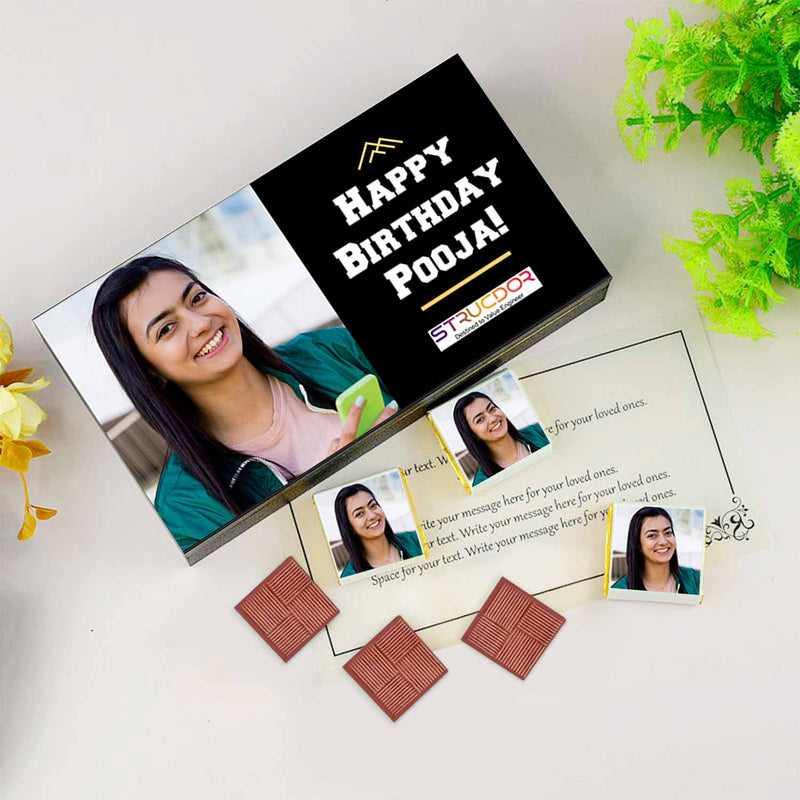 Personalized chocolate gift box with employee photo, name, and birthday message – custom wooden packaging for corporate birthday gifting