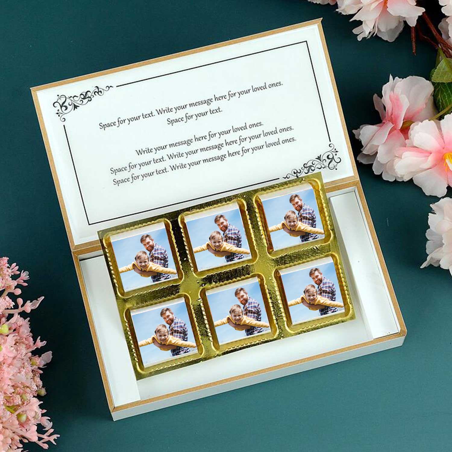 customized white wooden box with all wrapper printed chocolates. There is also a personalized message printed on Message paper inside the box.