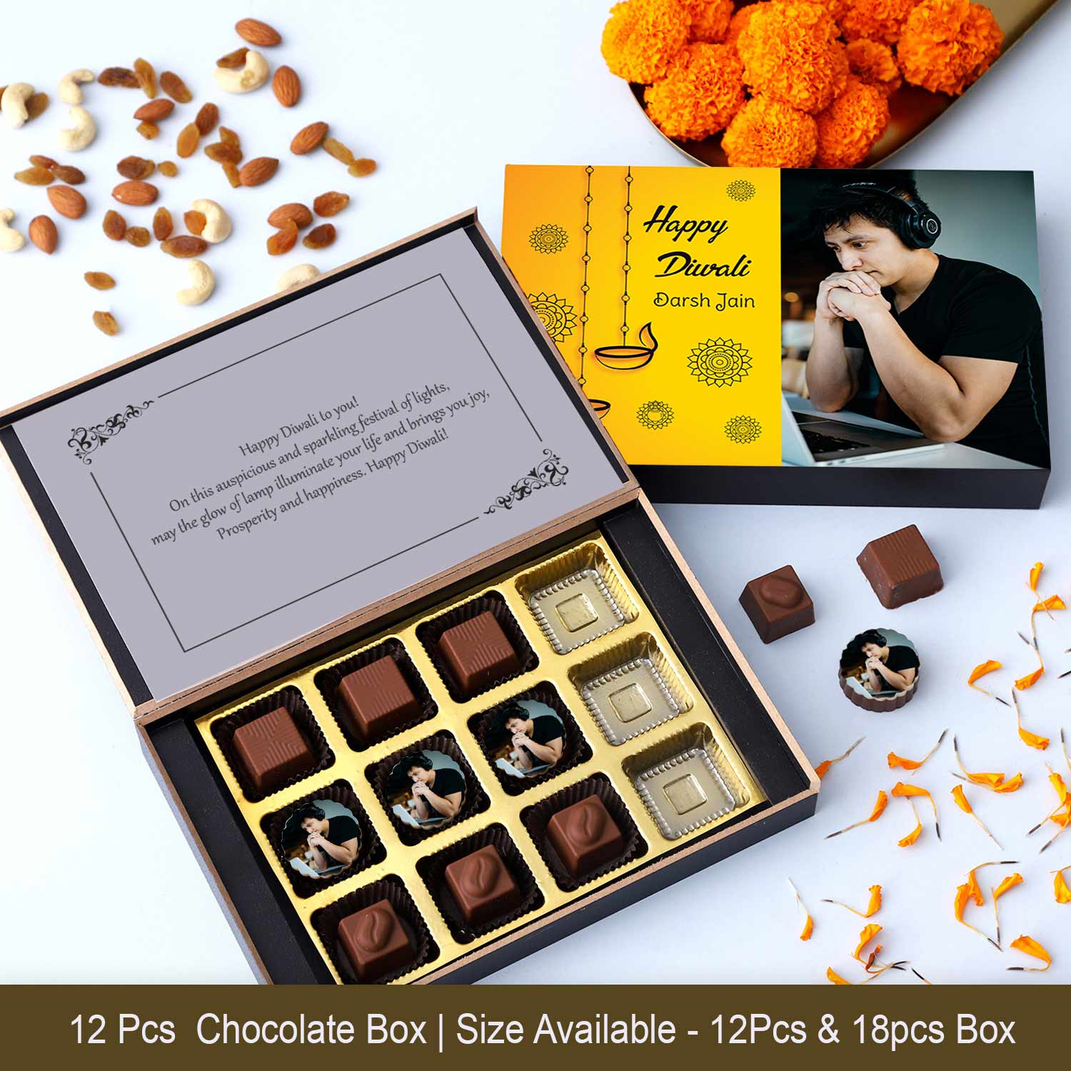Black and Gold Diwali gift of printed chocolates box
