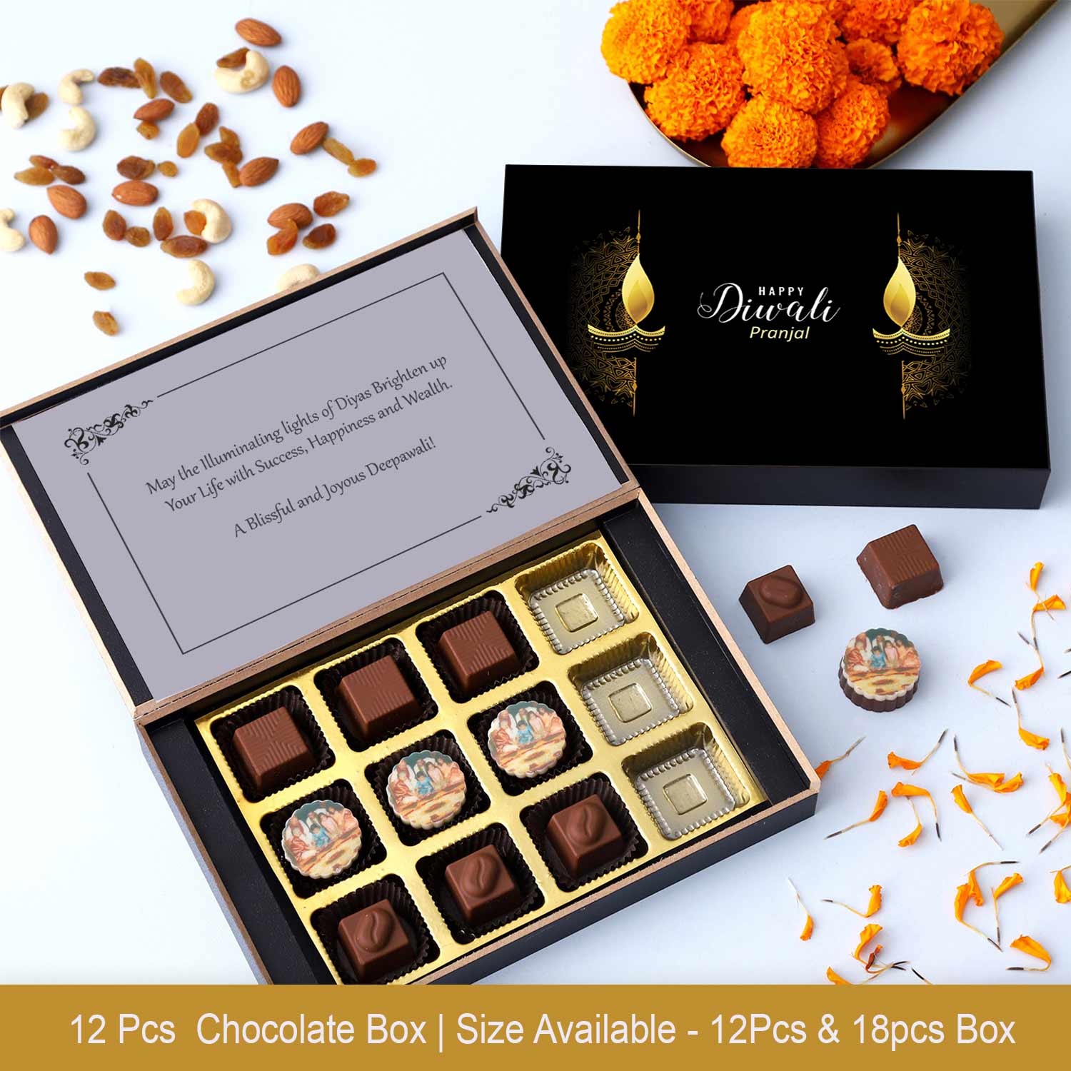 Golden diyas printed black diwali gift box of chocolates