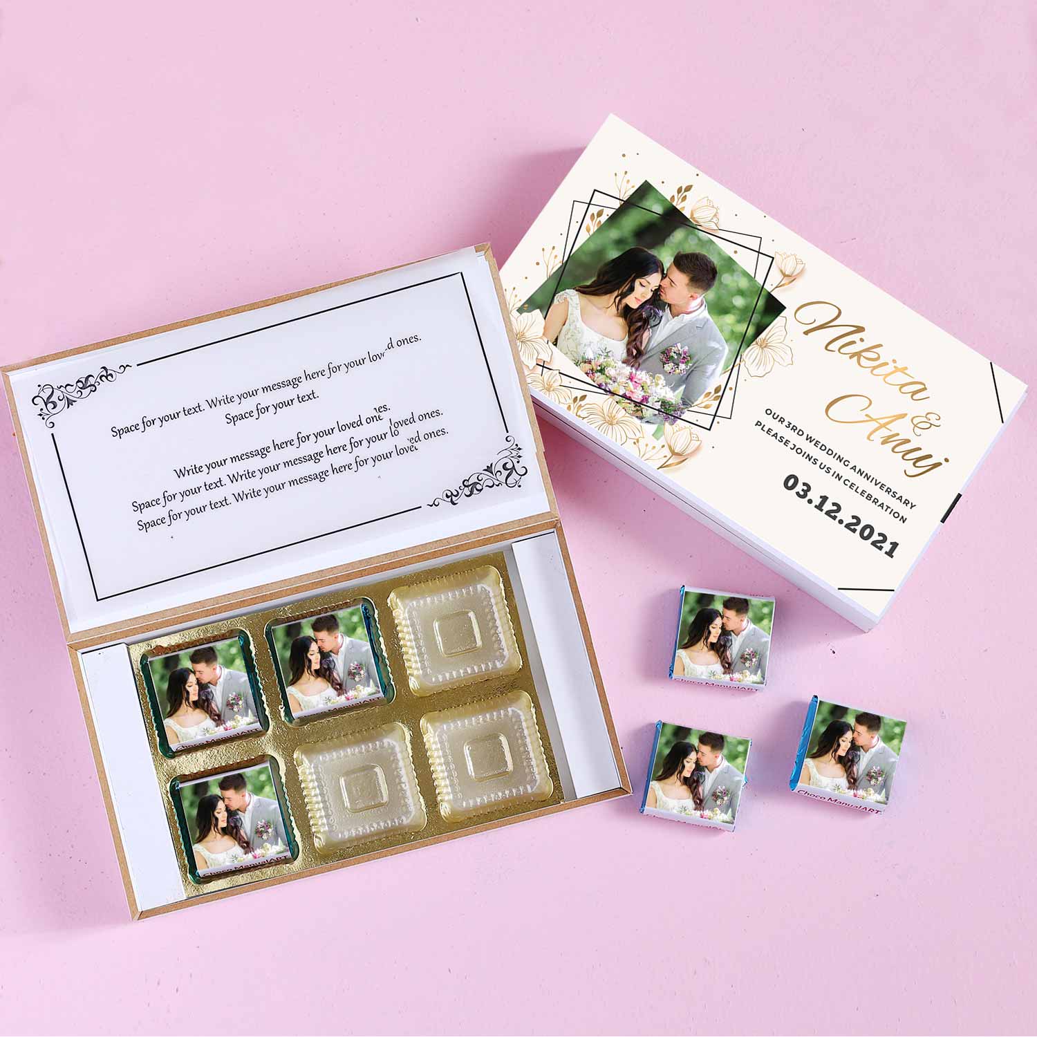 Golden blooming flowers personalised Anniversary Invitation You can also print a beautiful photo of yours with a geometrical border on a sophisticated white wooden box.