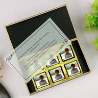 customized black wooden box with wrapper of all-printed chocolates. There is also a personalized message printed on Message paper inside the box.