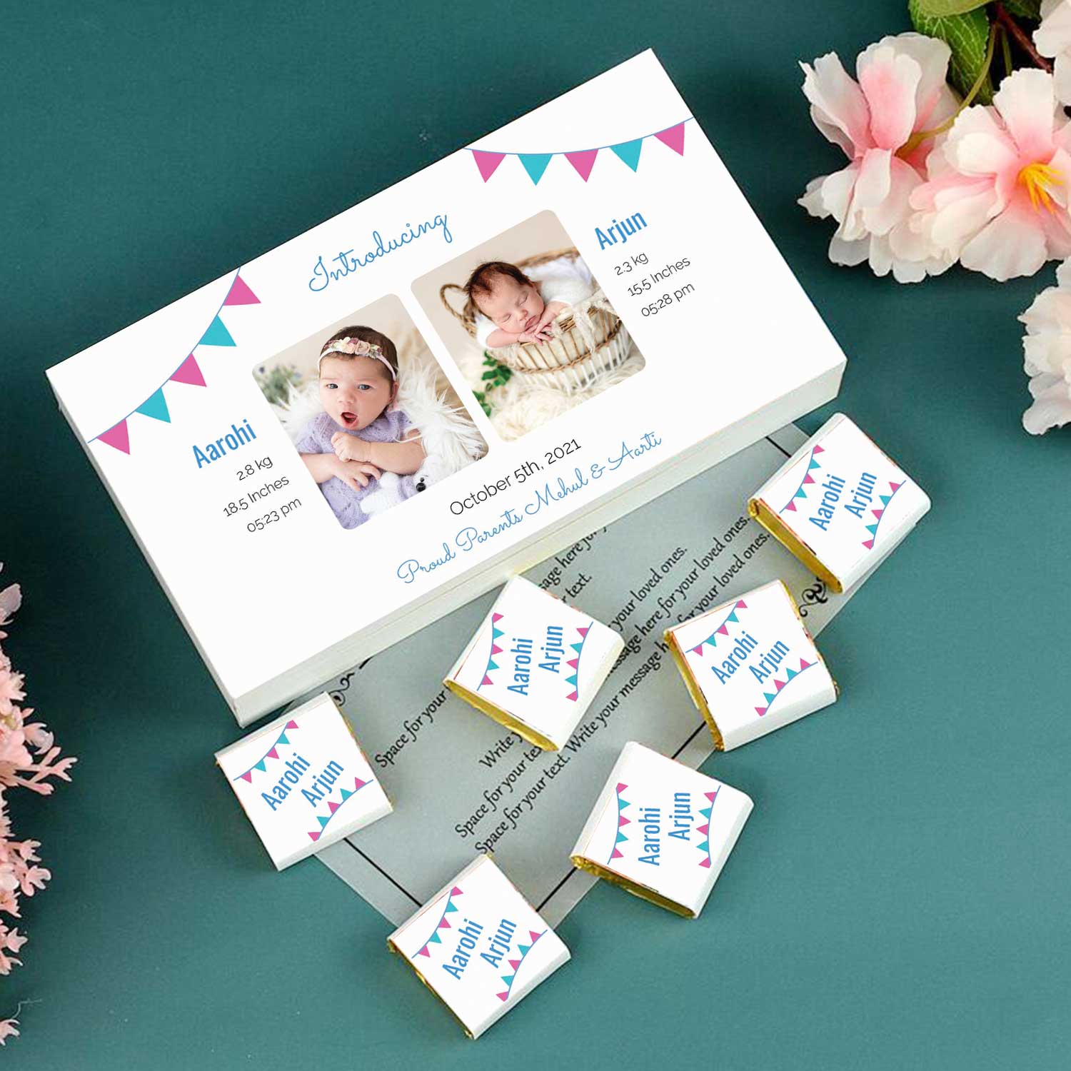 Introducing customised chocolates twins birth announcement chocolate box with affordable price. customized chocolate box.
