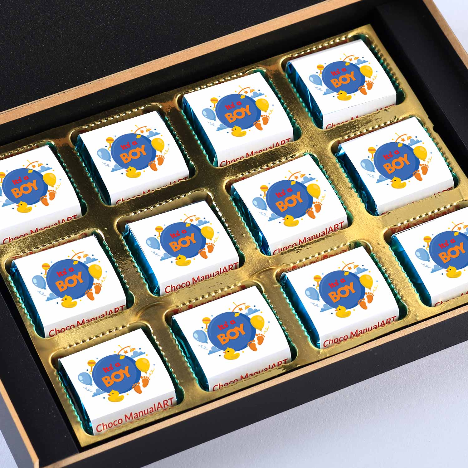 Customized black wooden box with all wrapper printed chocolates. There is also a personalized message printed on Message paper inside the box..