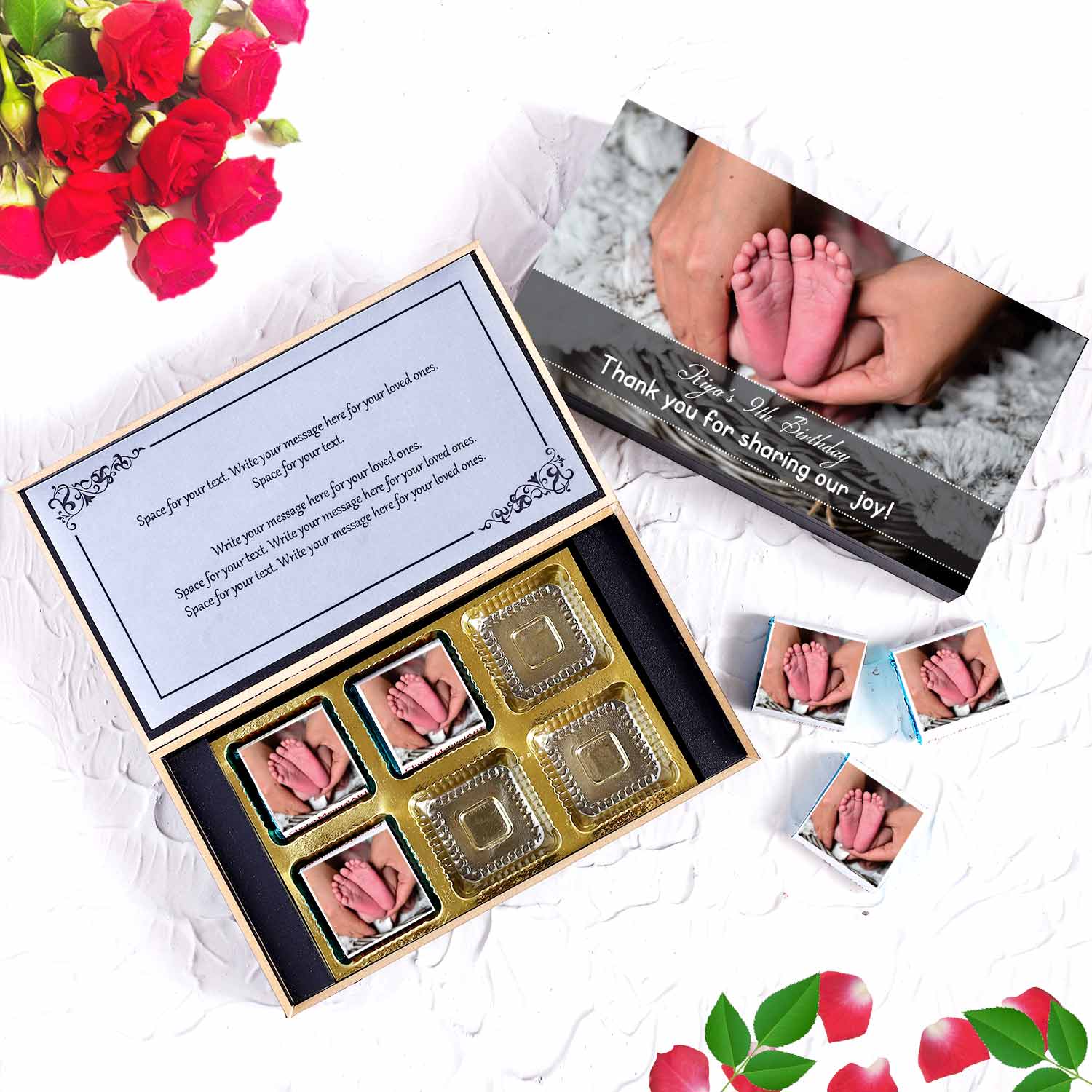 Little steps for little feet customised birthday return gift customised birthday return gift with little feet printed wrapped chocolates. Put a personal "Thank You" message inside the box to feel the guests joyous.   
