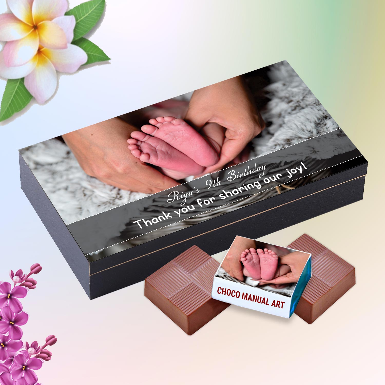 customized white wooden box with wrapper all-printed chocolates. There is also a personalized message printed on Message paper inside the box.