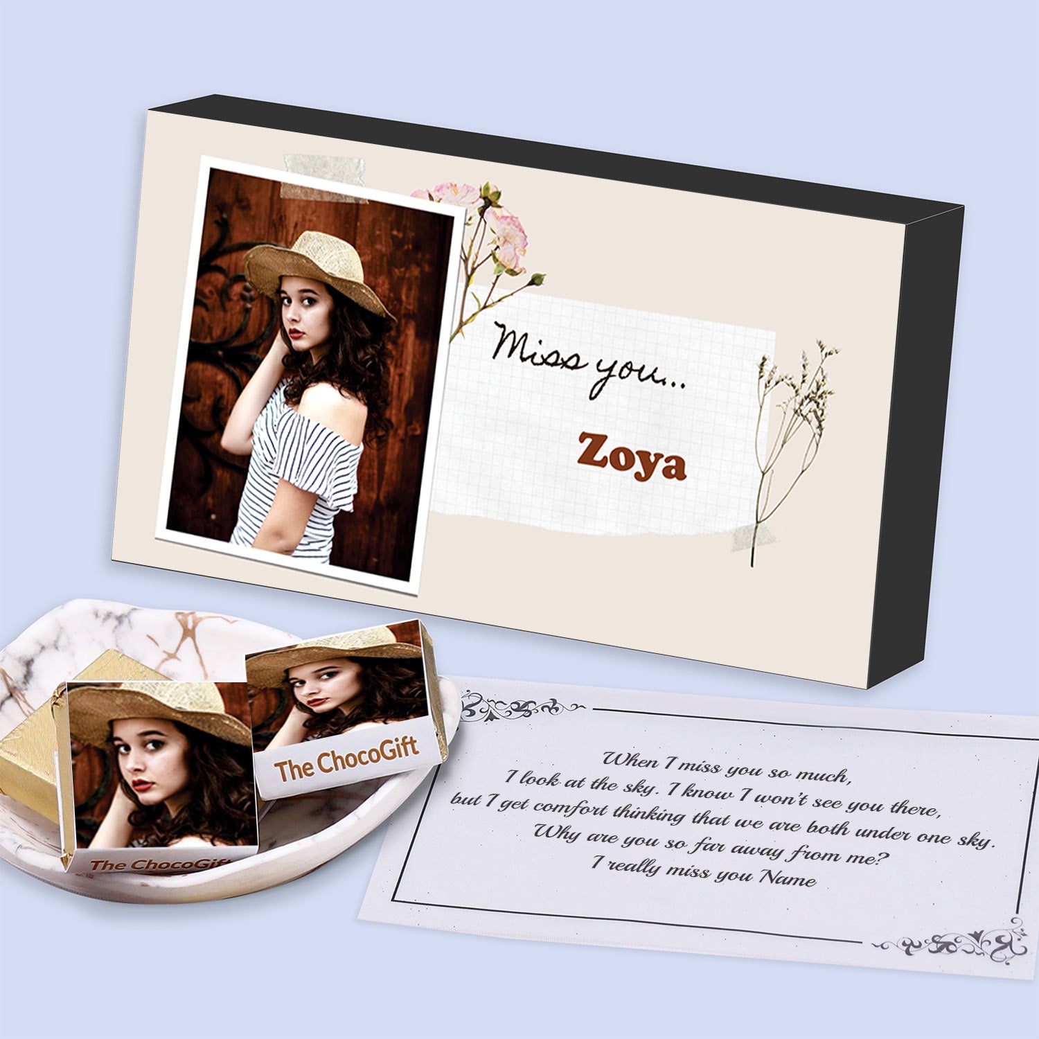 Miss you gifts for friend I  Image printed chocolate box I  Delicious chocolates I  Free shipping across India I  Elegant wooden packaging