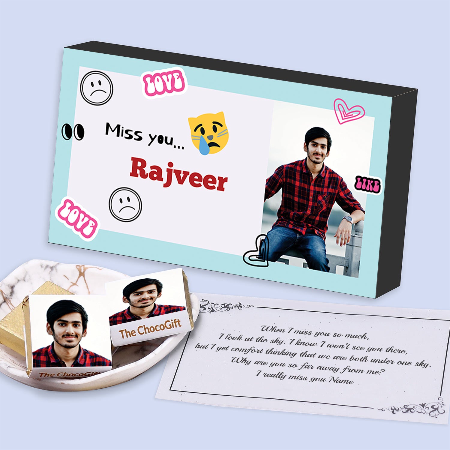 Miss you chocolate I  Image printed chocolate box I  Delicious chocolates I  Free shipping across India I  Elegant wooden packaging
