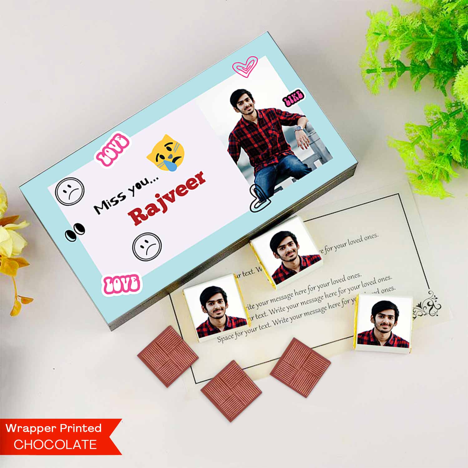 Miss you chocolate I  Image printed chocolate box I  Delicious chocolates I  Free shipping across India I  Elegant wooden packaging