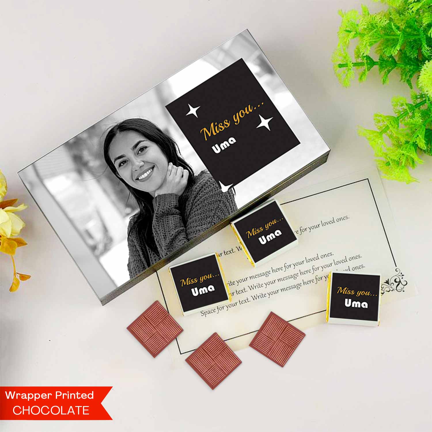 Miss you gifts for best friend I  Picture printed chocolate box I  Delicious chocolates I  Free shipping across India I  Elegant wooden packaging