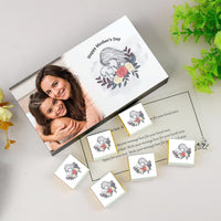 Gift for Mother's day Flower Print Chocolate Message paper inside the box. customized white wooden box with all wrapper printed chocolates.