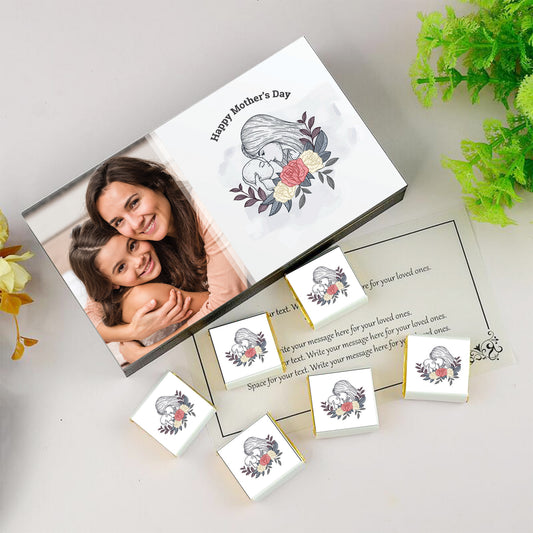 Gift for Mother's day Flower Print Chocolate Message paper inside the box. customized white wooden box with all wrapper printed chocolates.