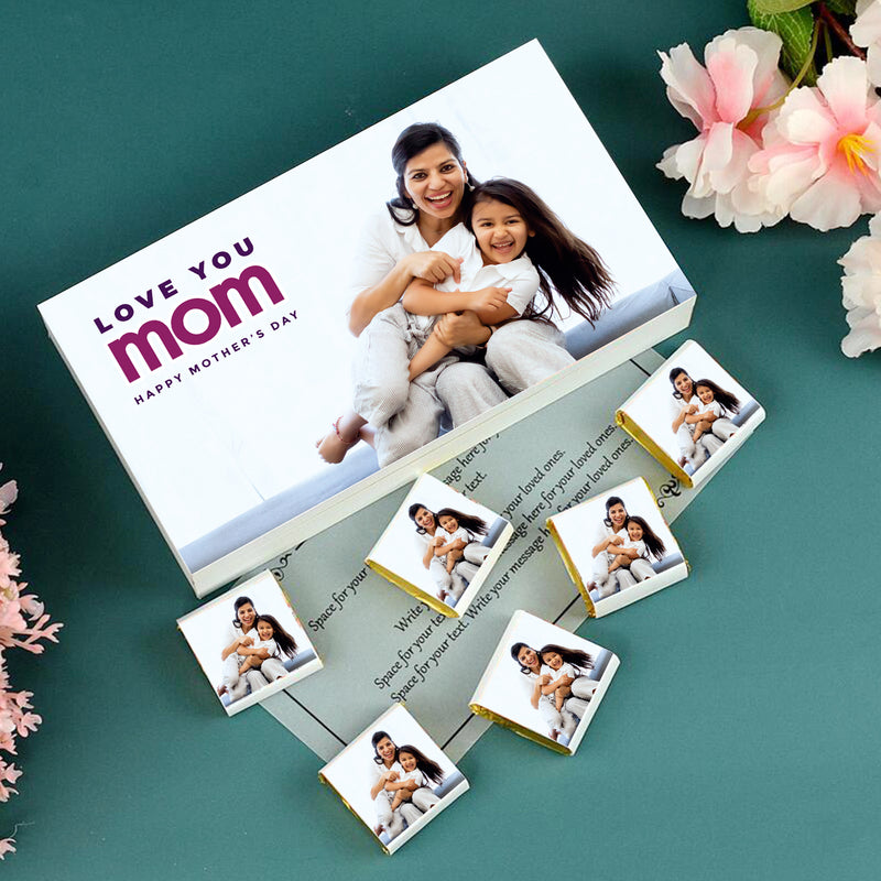 photo printed personalised gifts for mother day. "Happy Mothers Day" printed wrapped chocolates with a photo printed box. 