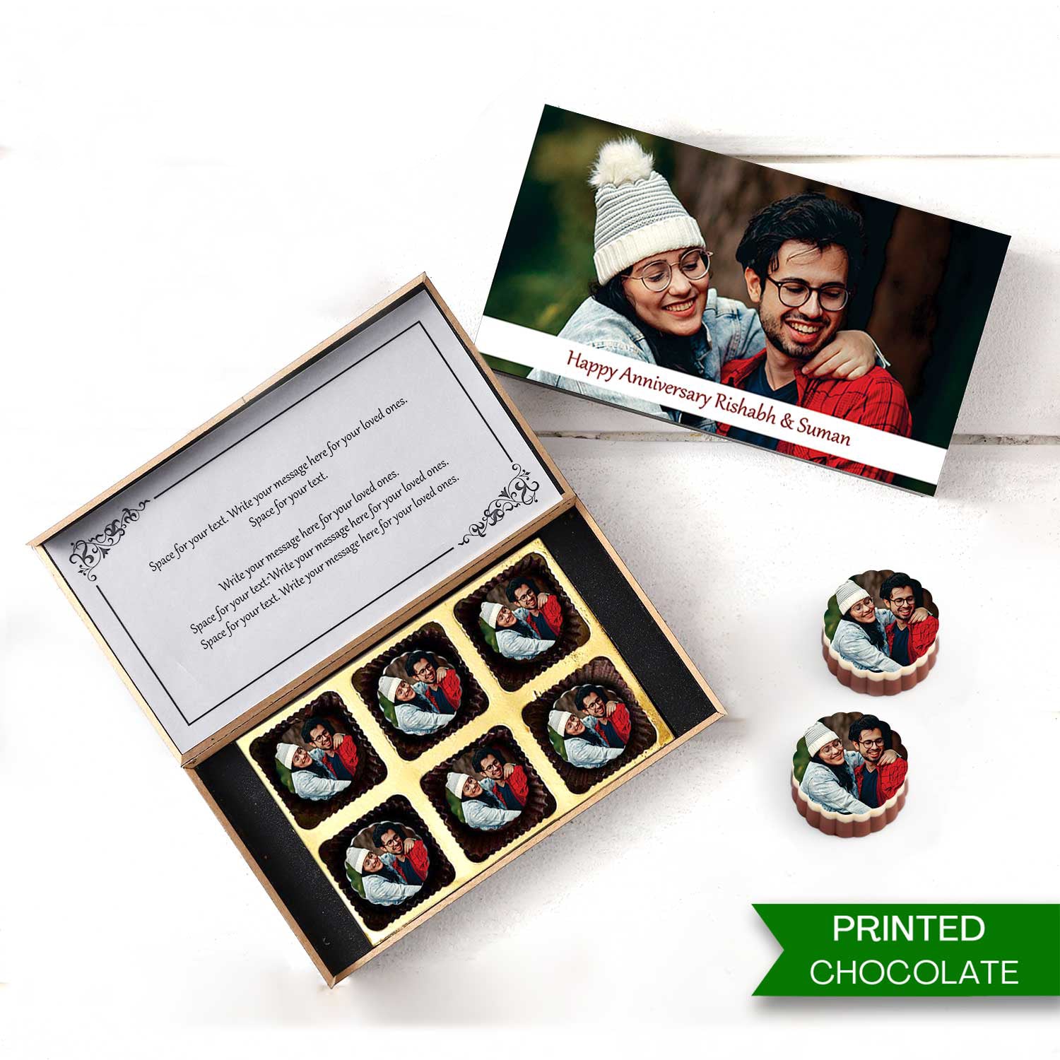 Names printed chocolates with sophisticated wooden box
