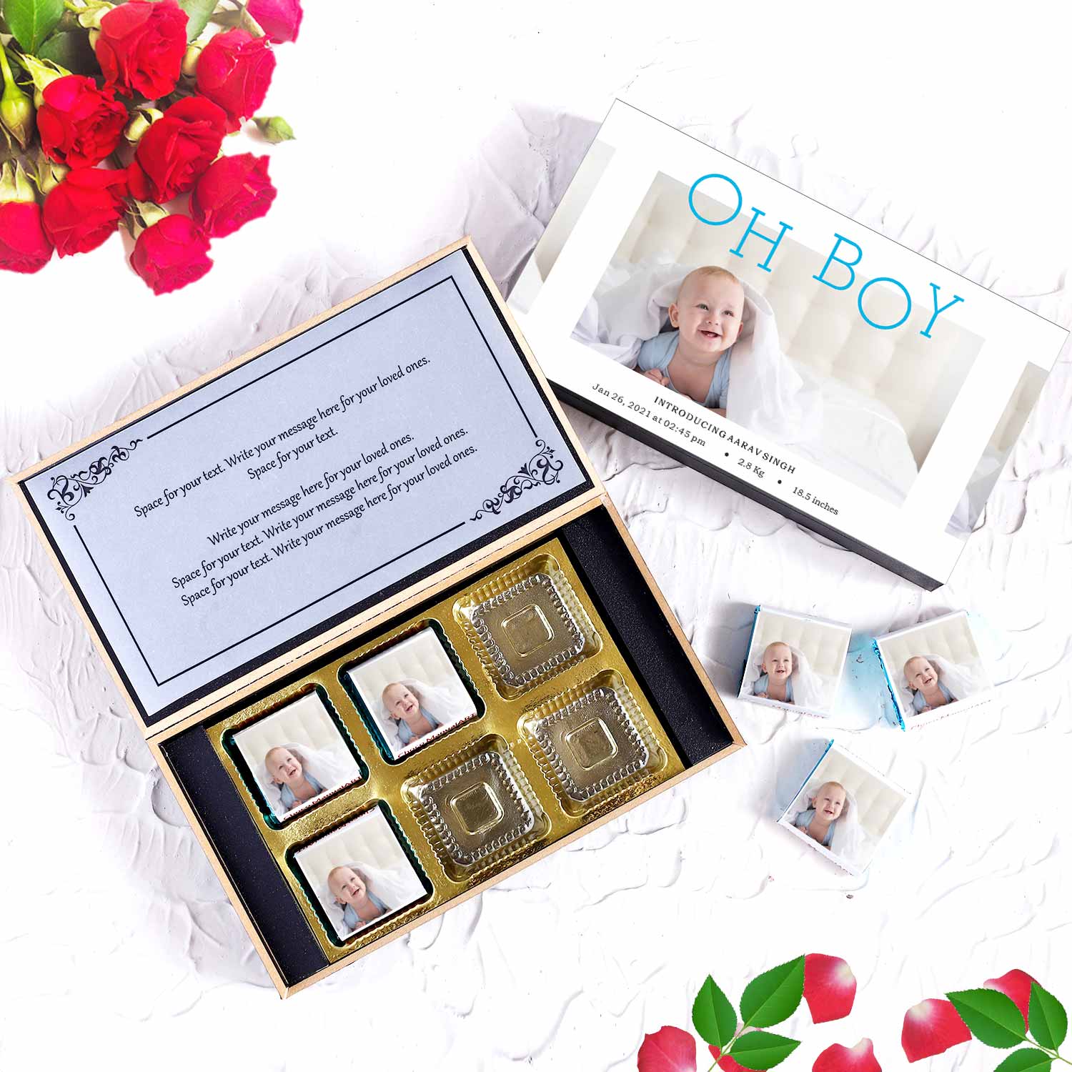 "Oh Boy" baby's birth announcement chocolates giftPhoto Chocolate Gift for Baby Boy Announcement. Baby boy birth announcement "It's a Boy" customised chocolates.