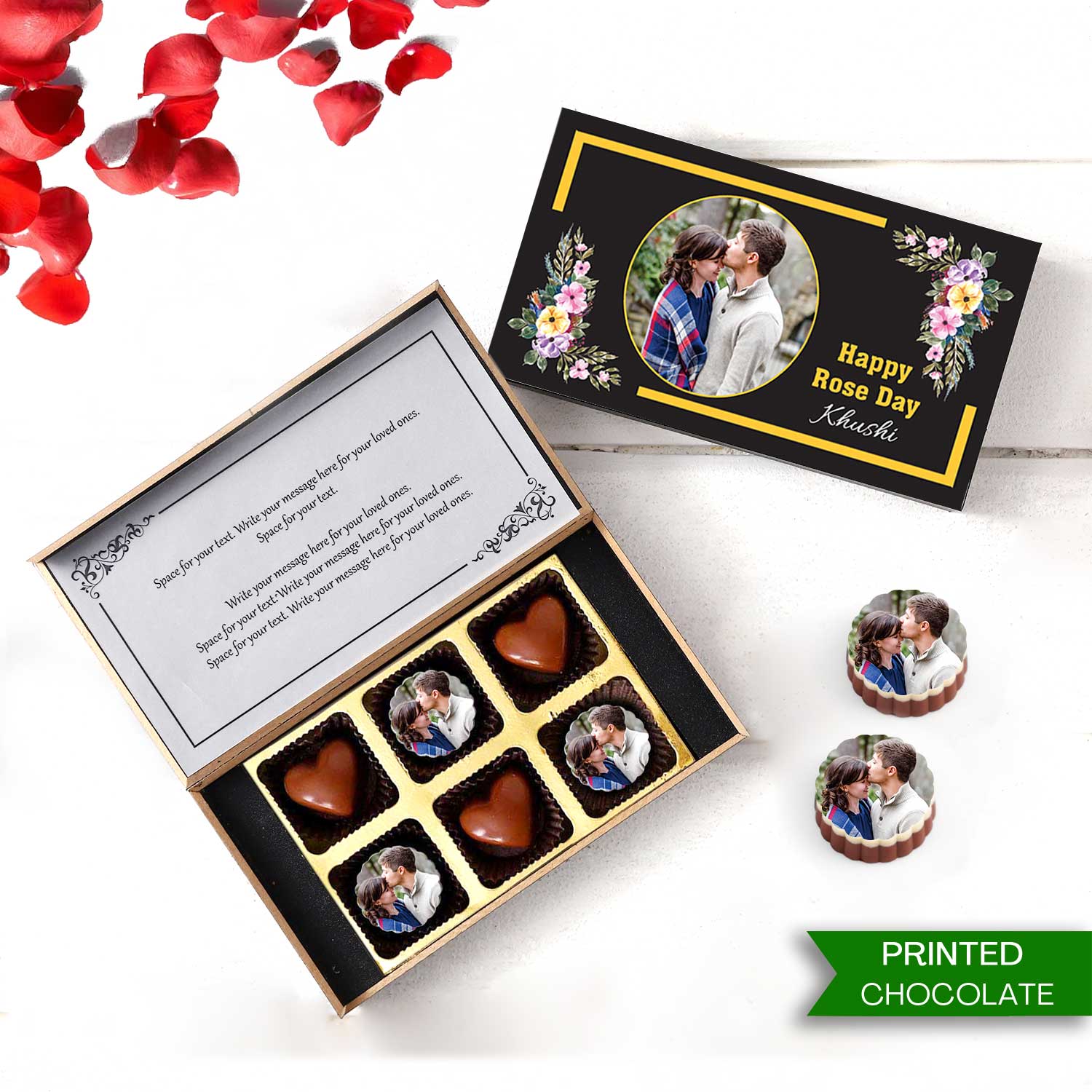 Personalized Rose Day chocolate gift with photo/name printed