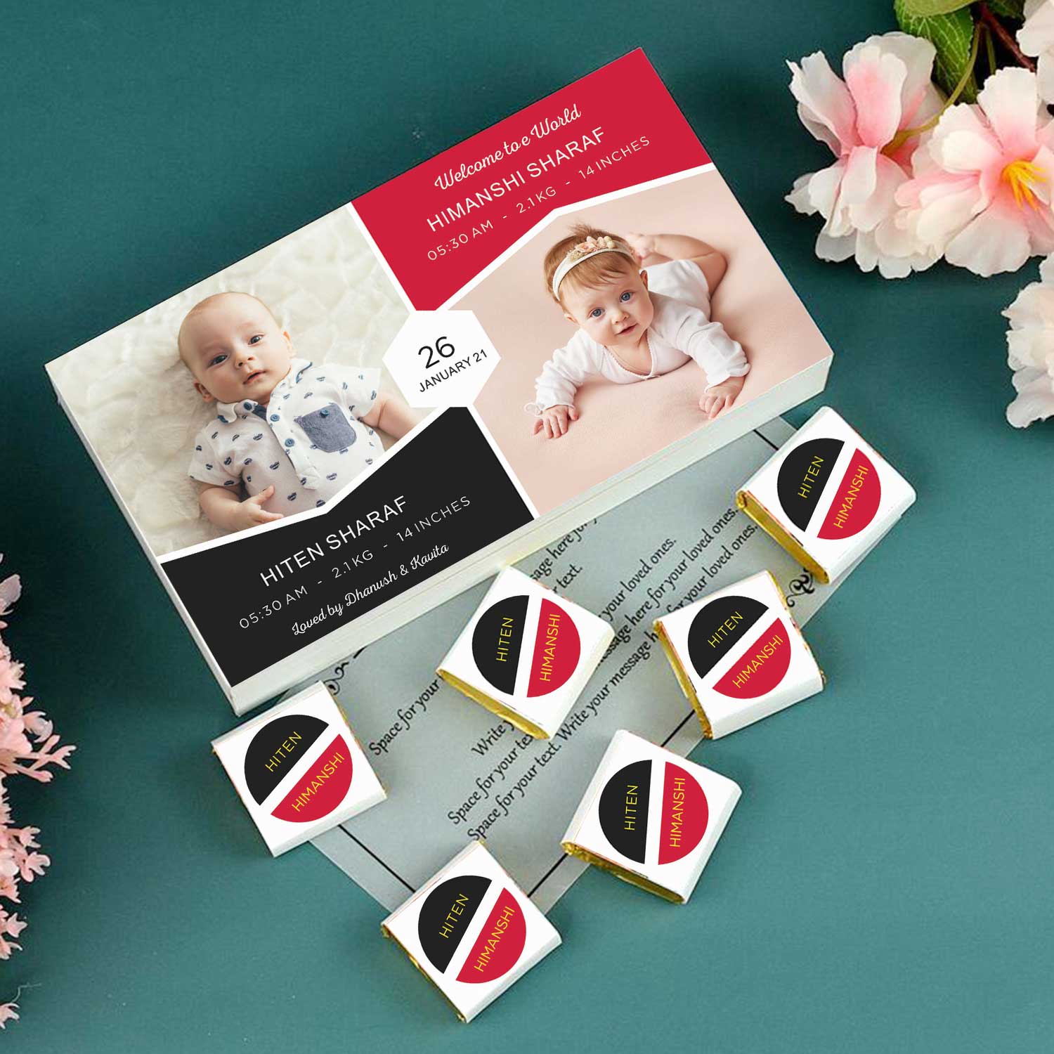 Personalised designed wrapped chocolates twins announcement.PRINTED WRAPPED CHOCOLATES WITH PERSONALIZED DESIGN TO ANNOUNCE THE TWIN'S BIRTH 