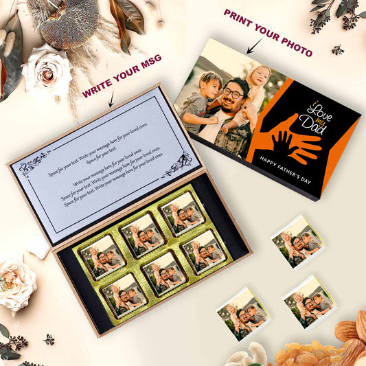 customized black wooden box with all wrapper printed chocolates. There is also a personalized message printed on Message paper inside the box.
