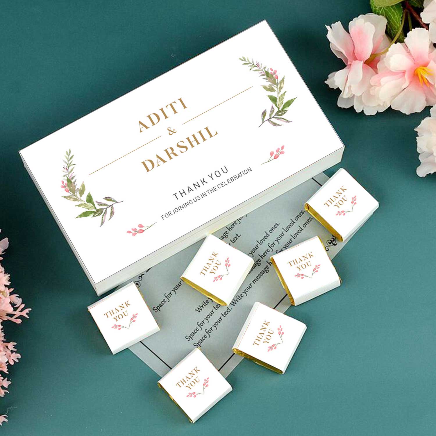Pink blooming flowers Personalised Wedding return gift of Chocolates The Best Personalized Name Chocolate for Wedding Return Gifts