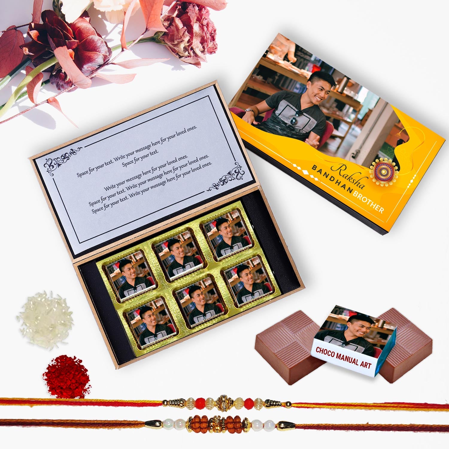 Rakhi themed yellowish customised gift for brother