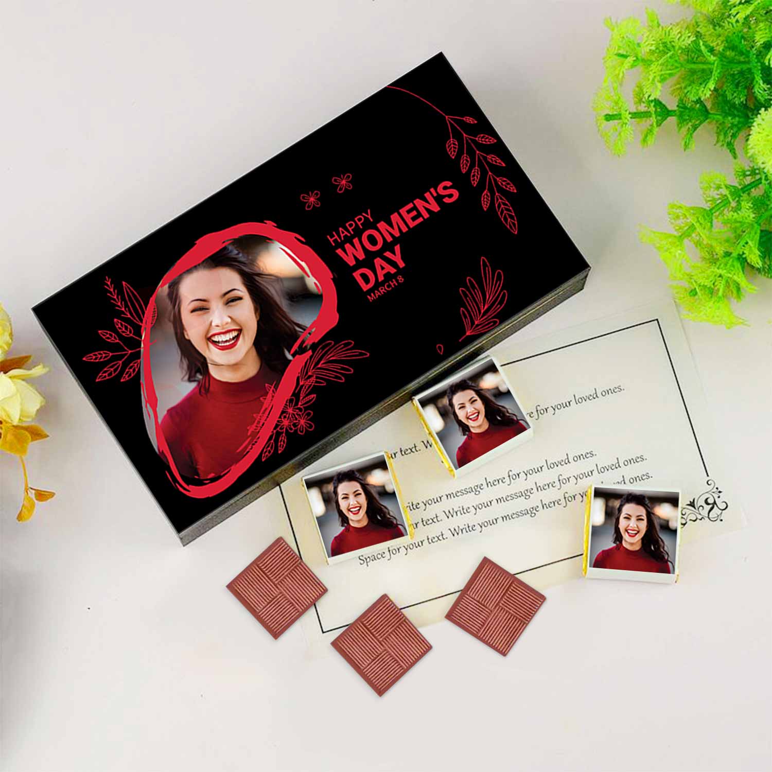Red & Black women's day personalised chocolates gift