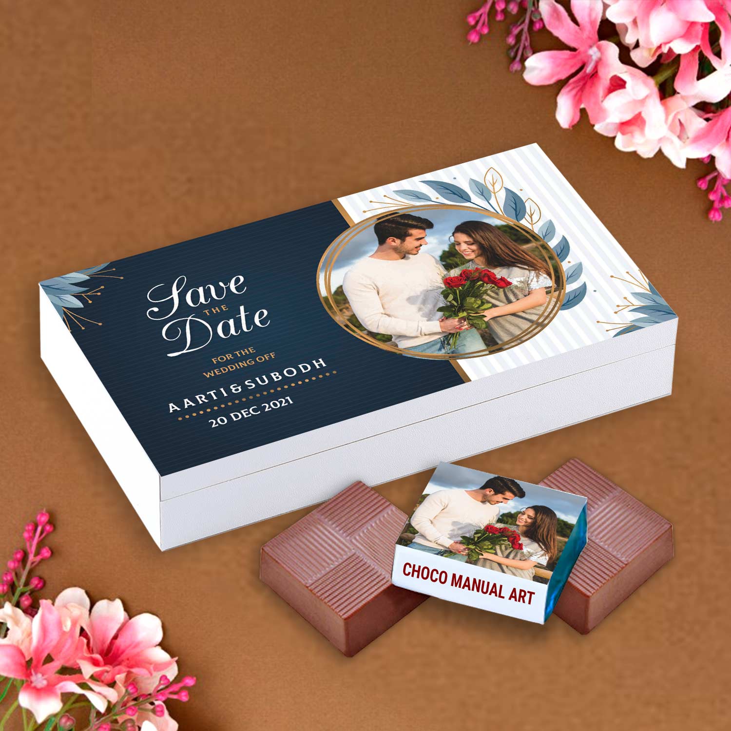 Save the date personalised wrapped unique chocolates invite  Customized white wooden box with all wrapper printed chocolates. There is also a personalized message printed on Message paper inside the box.