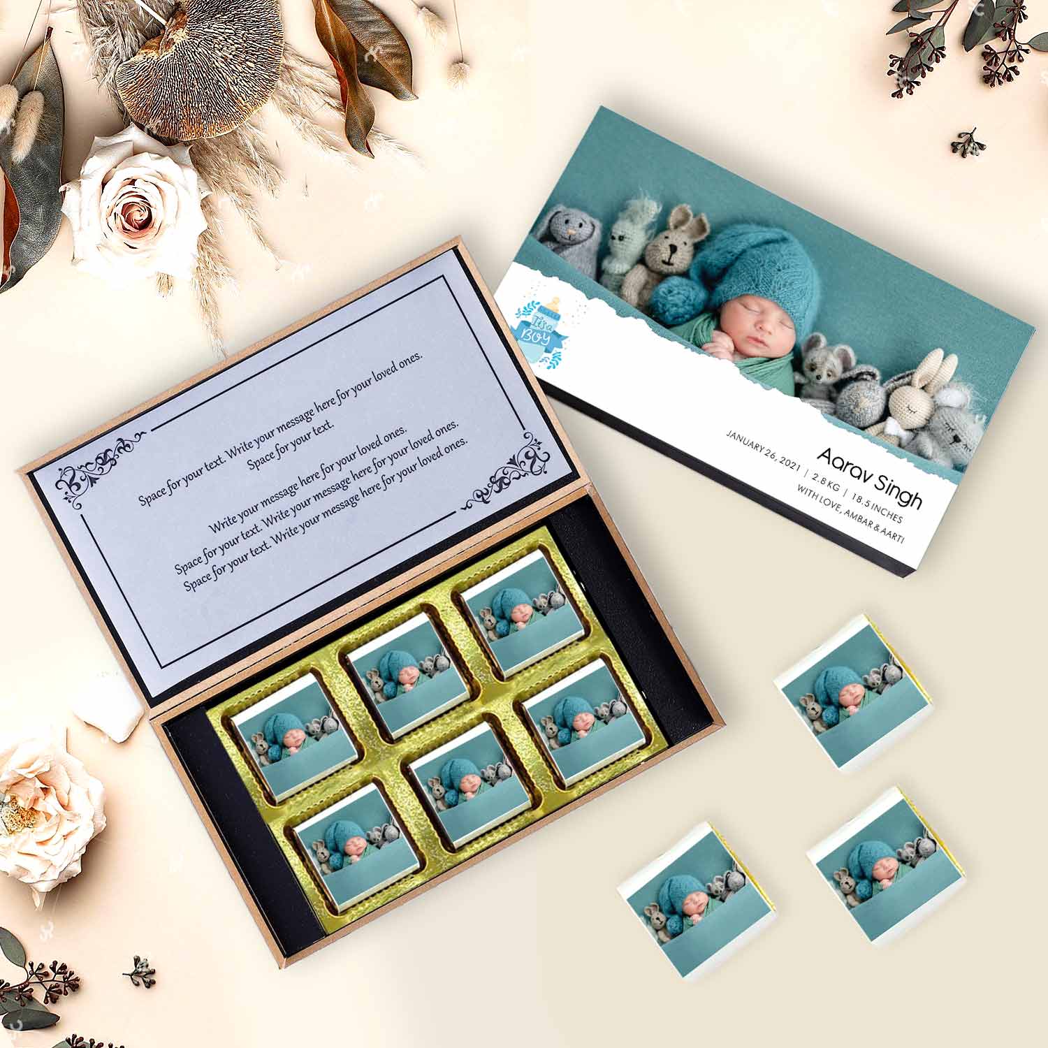 Snowman printed wrapped chocolates for baby announcement.  Chocolate boxes for baby boy announcement message