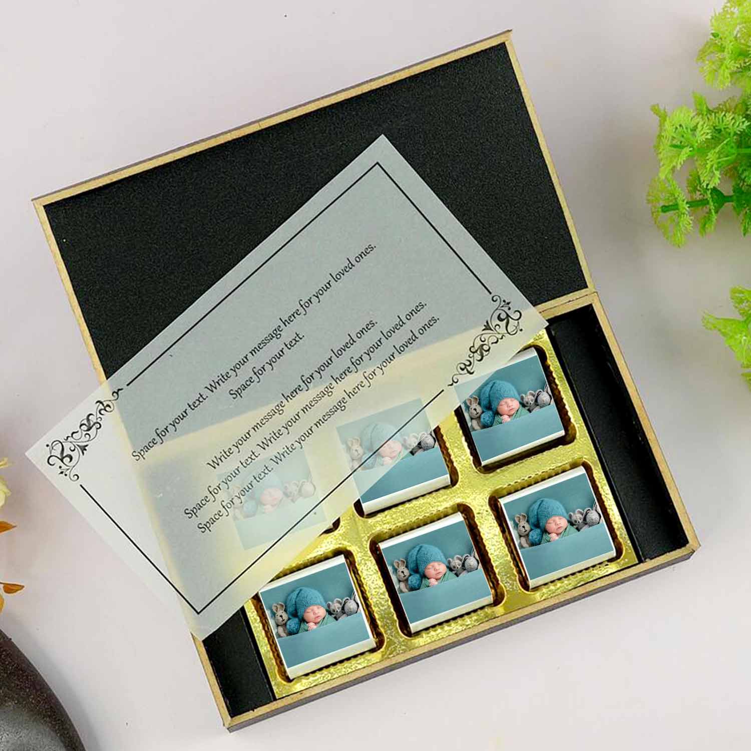Customized black wooden box with all wrapper printed chocolates. There is also a personalized message printed on Message paper inside the box..