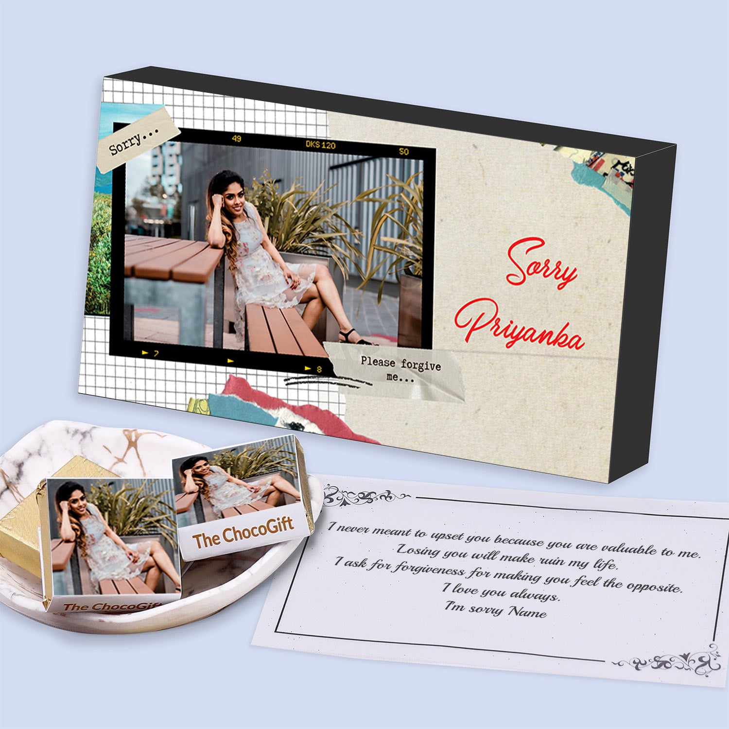 Sorry gift for friend I Chocolate box with image printed I Personalised message I Wooden packaging
