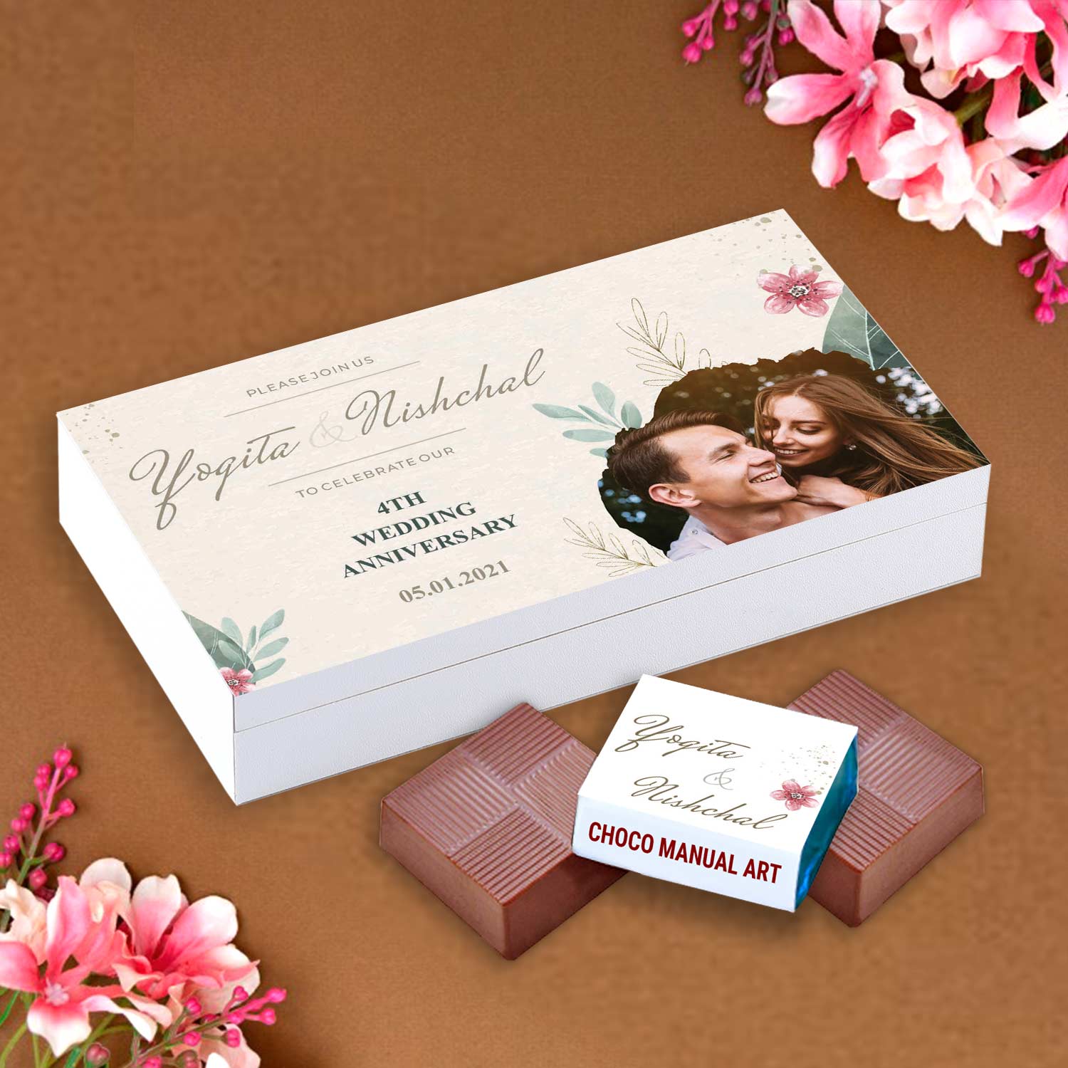 Spring floral background personalised anniversary invitation Our cutely designed date-printed wrapped chocolate box with spring floral design is the classic one. 