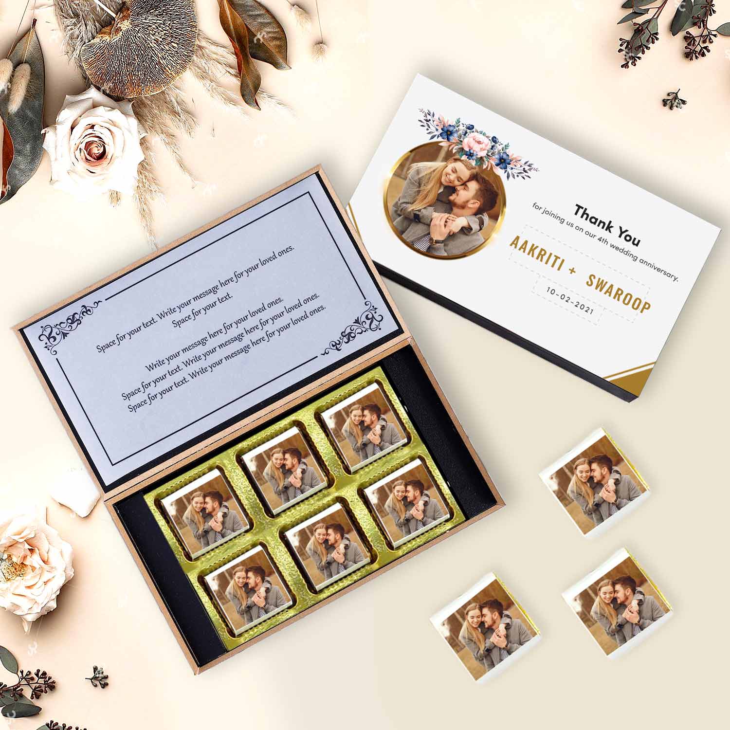 Thank You printed personalised chocolates return gift. Chocolate gift boxes near me.  Chocolate gift box price.