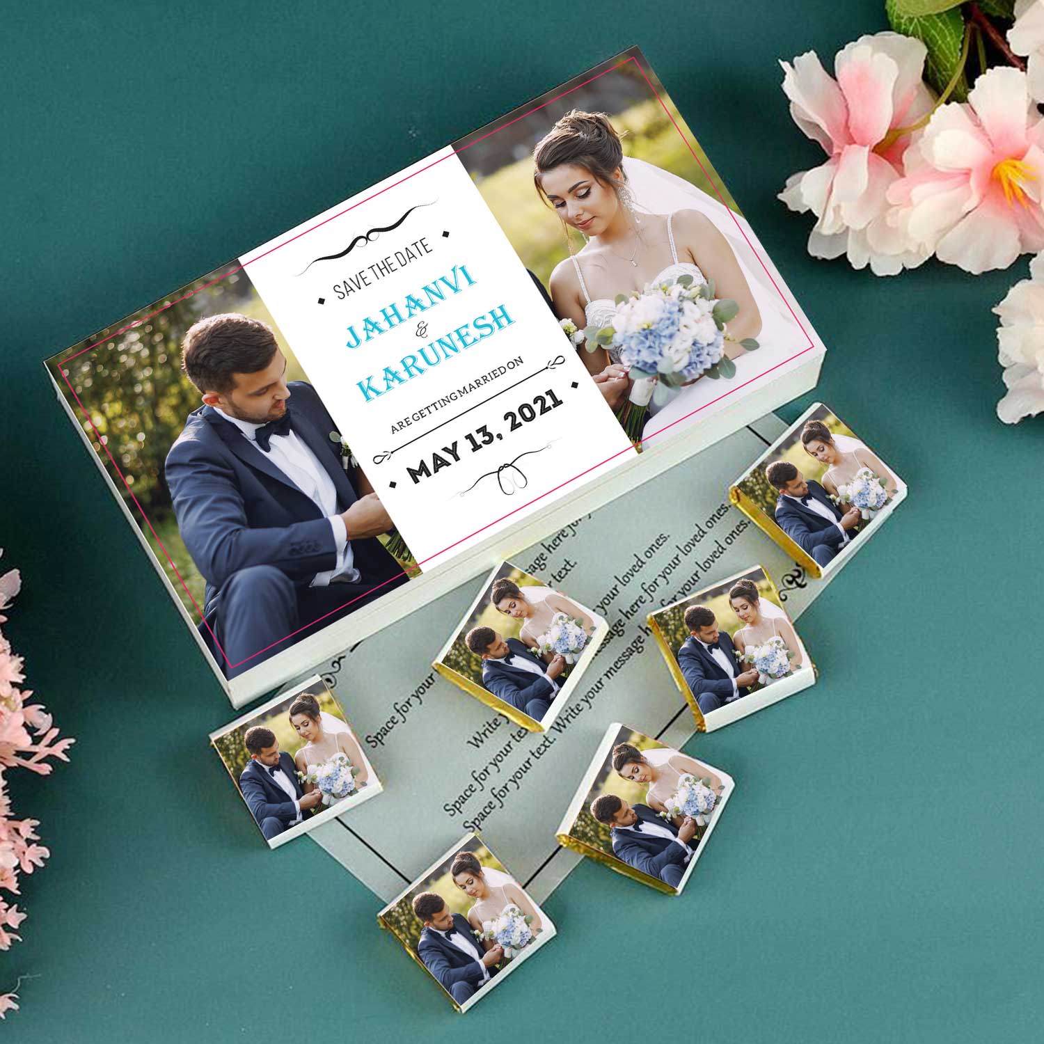 Turquoise wedding date printed wrapped chocolates invitation PERSONALISED WEDDING INVITATION TURQUOISE COLORED DATE PRINTED WRAPPED CHOCOLATES 