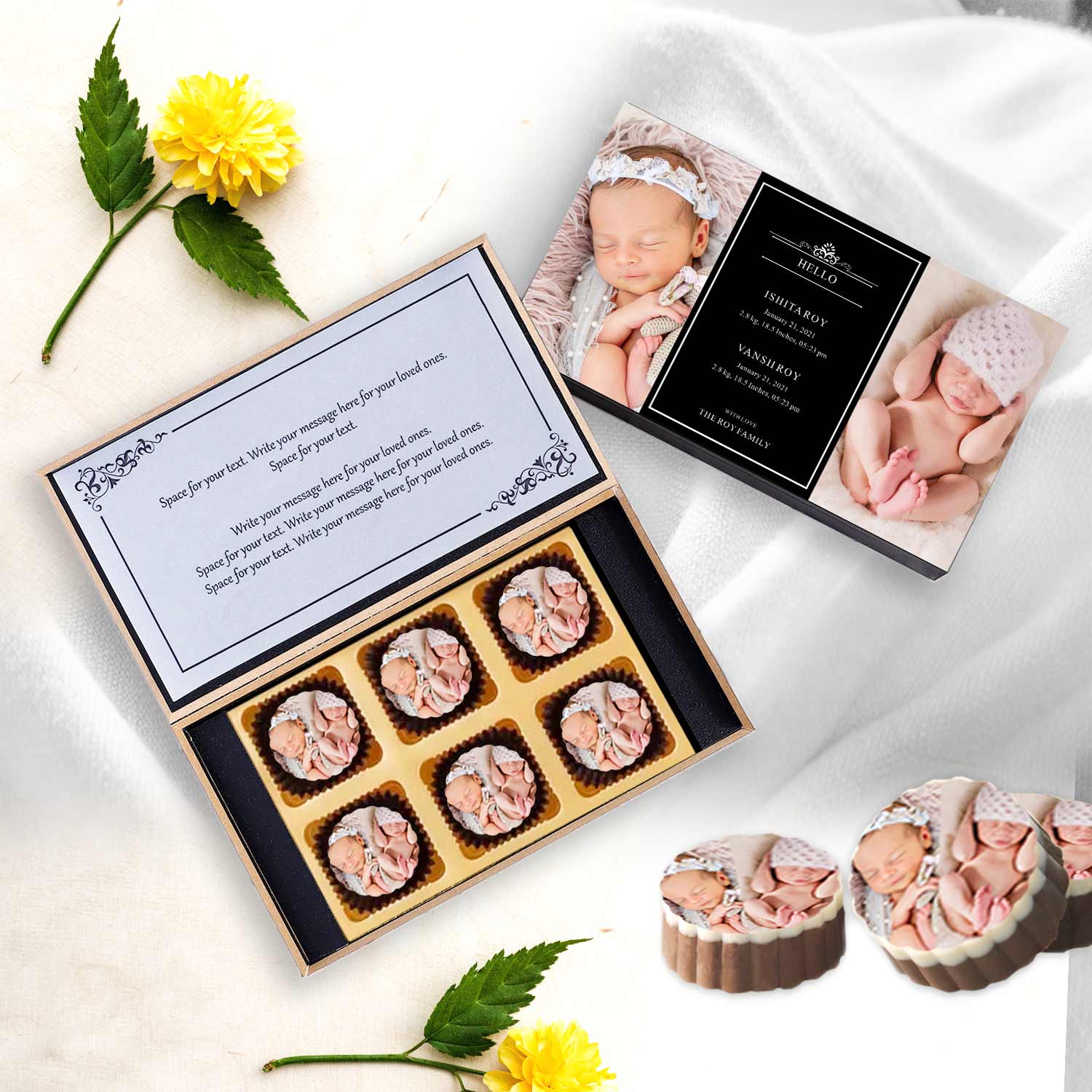 Black elegant box of printed chocolates twins announcement