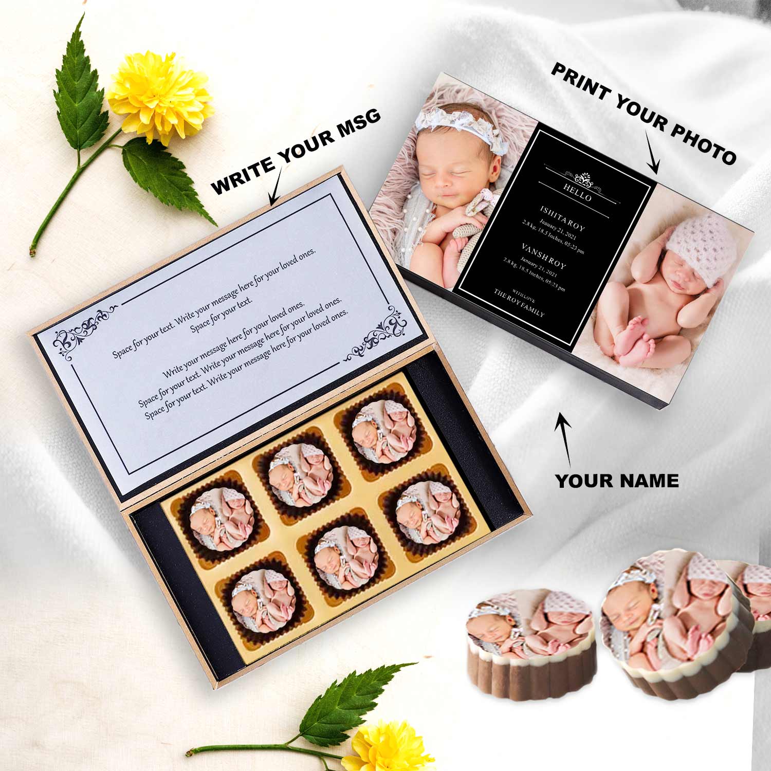 Black elegant box of printed chocolates twins announcement