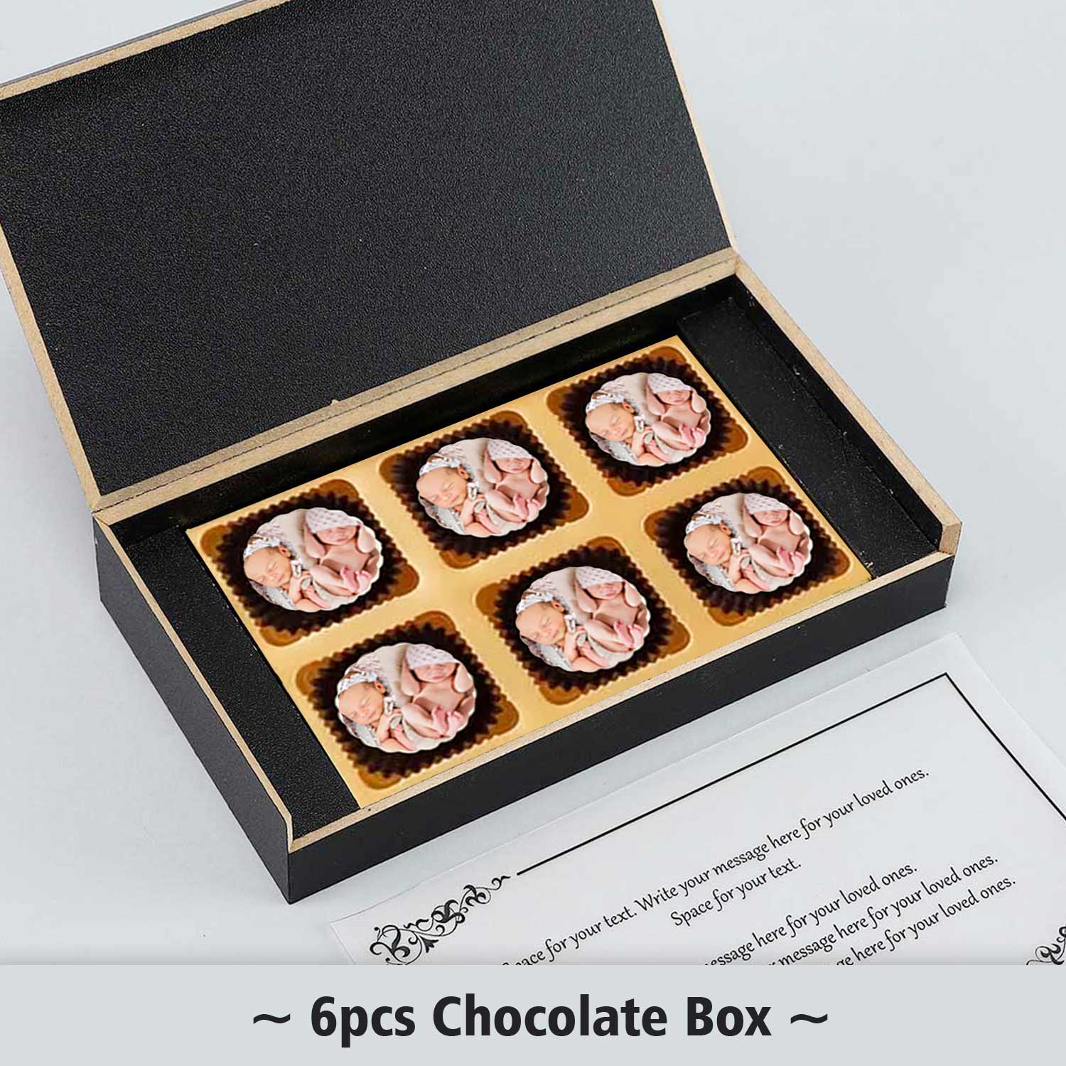 Black elegant box of printed chocolates twins announcement