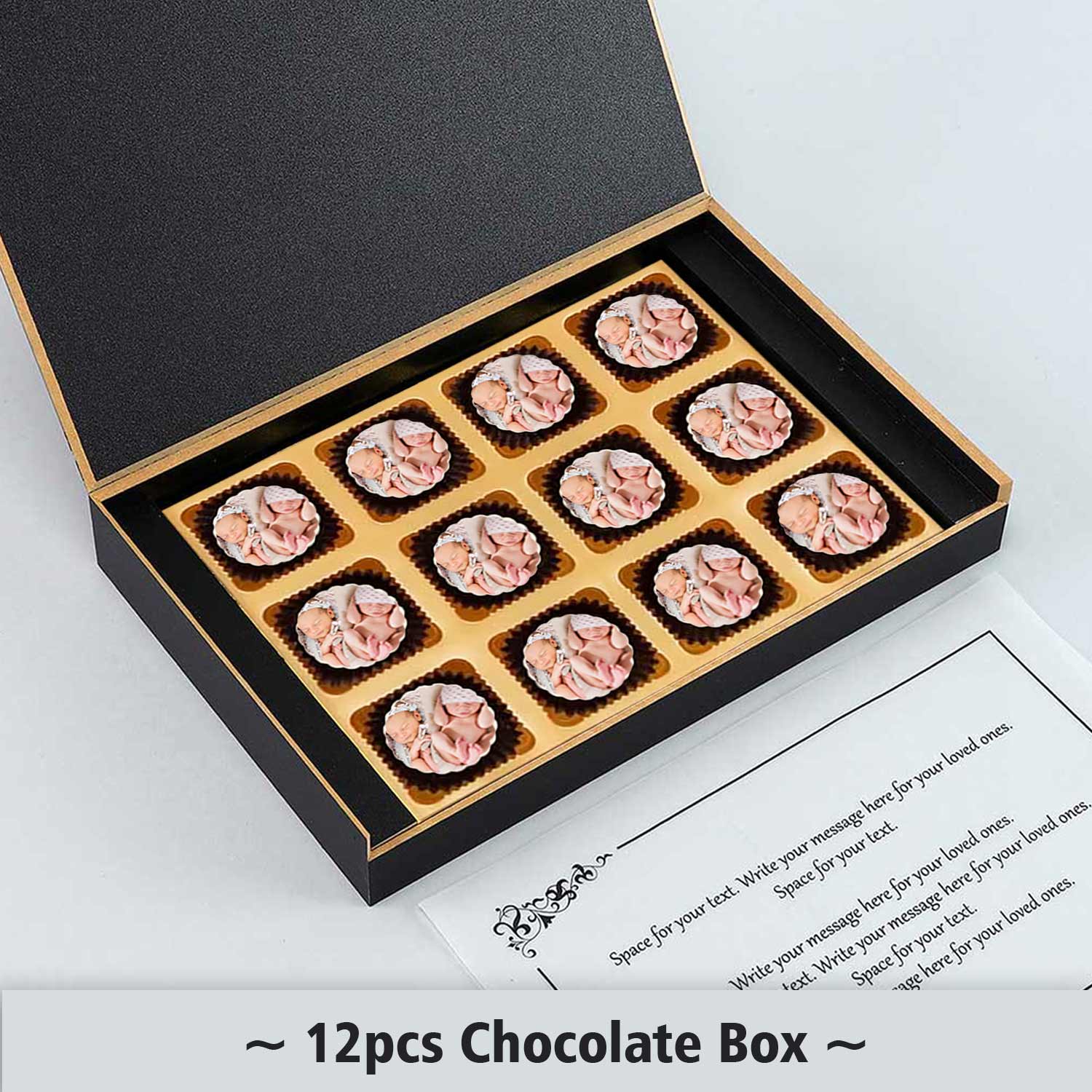 Black elegant box of printed chocolates twins announcement