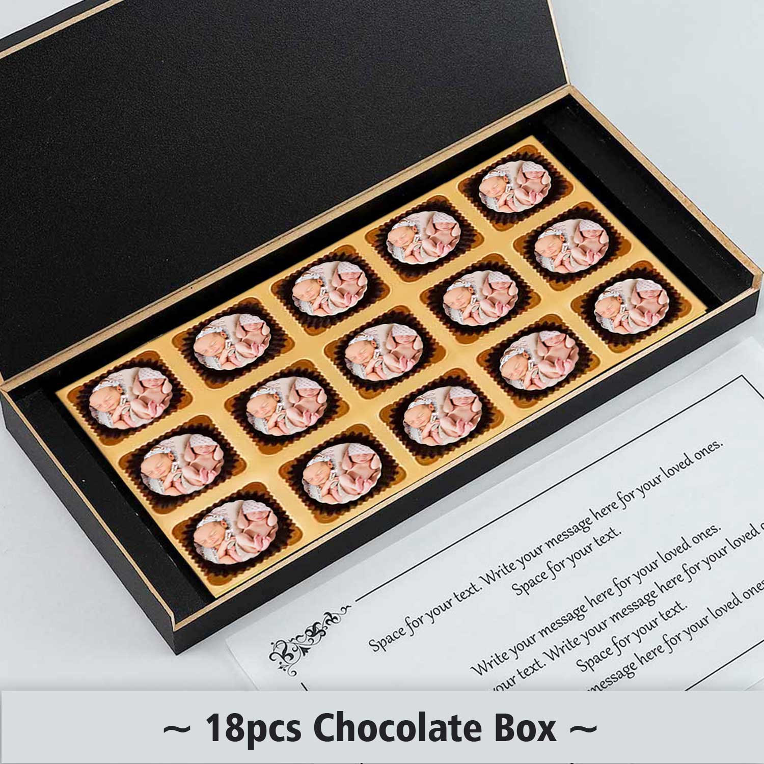 Black elegant box of printed chocolates twins announcement