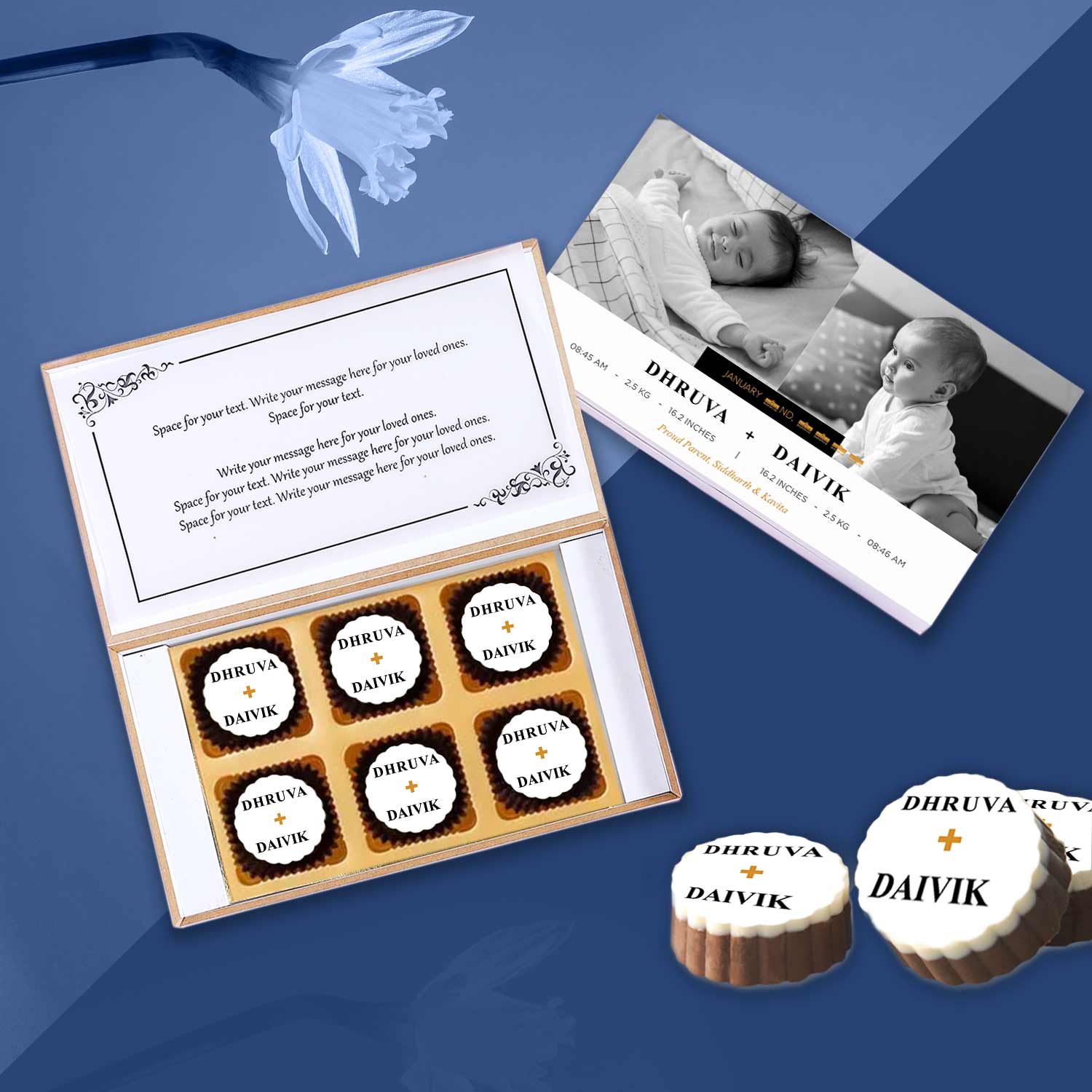 customised chocolates twins birth announcement
