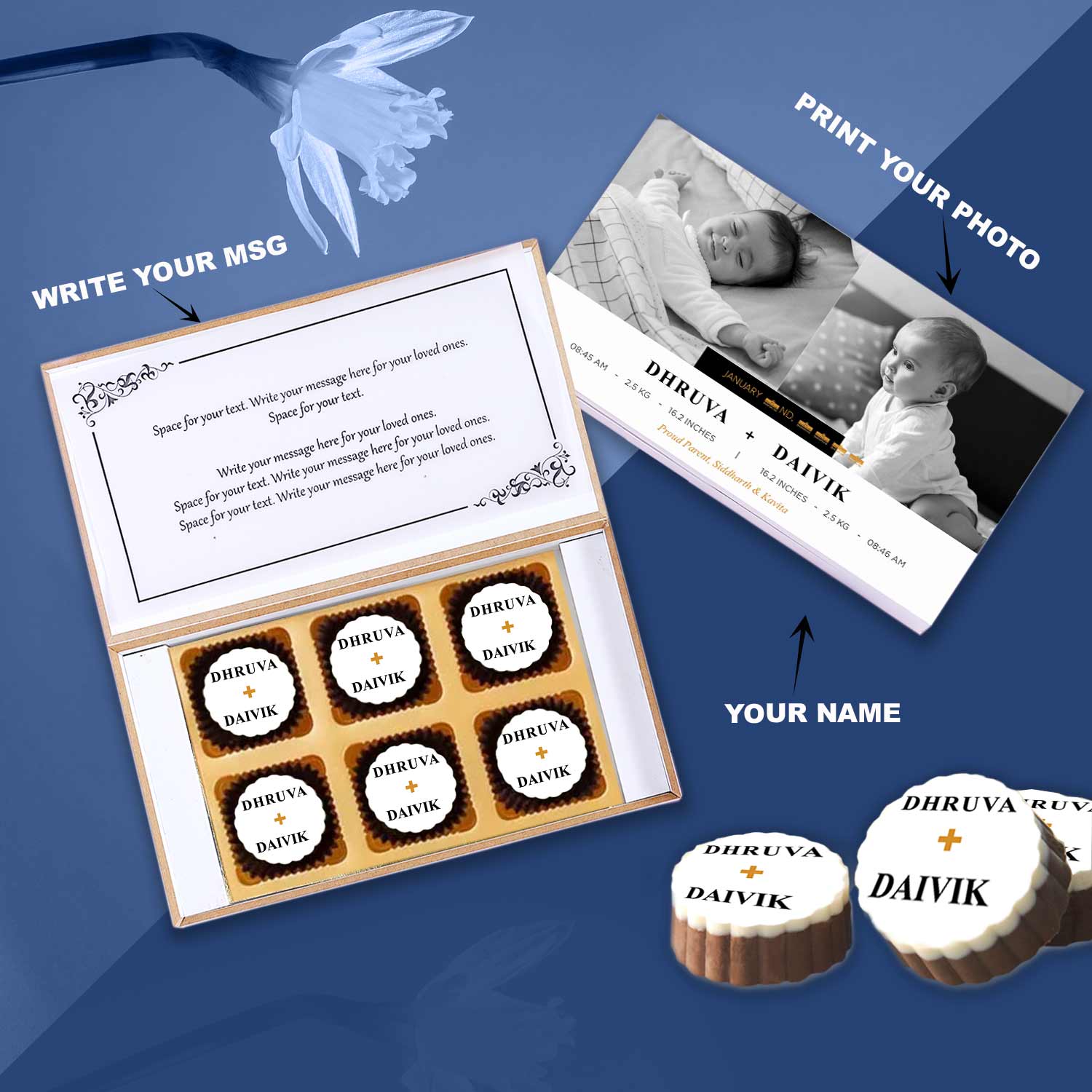 customised chocolates twins birth announcement