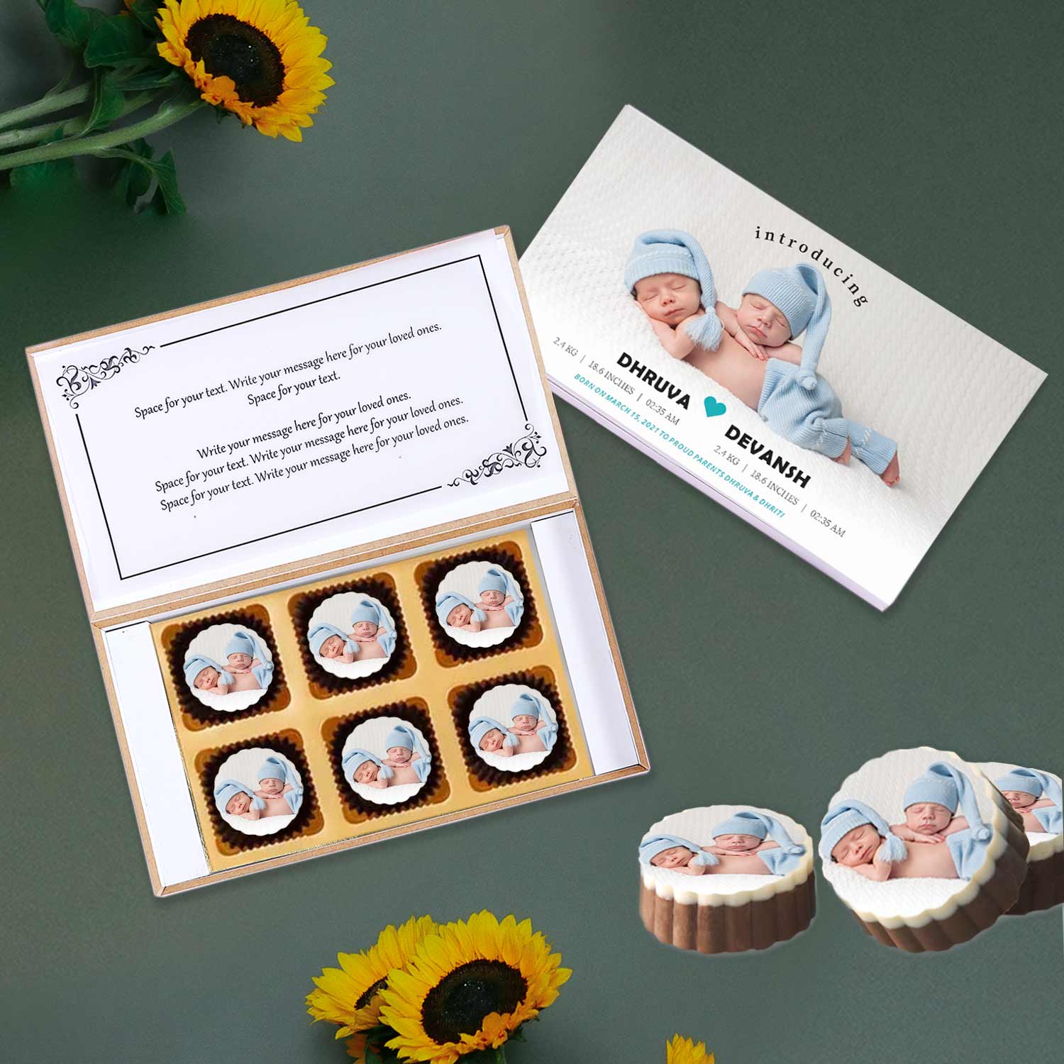 Tiny heart personalised twins announcement printed chocolates