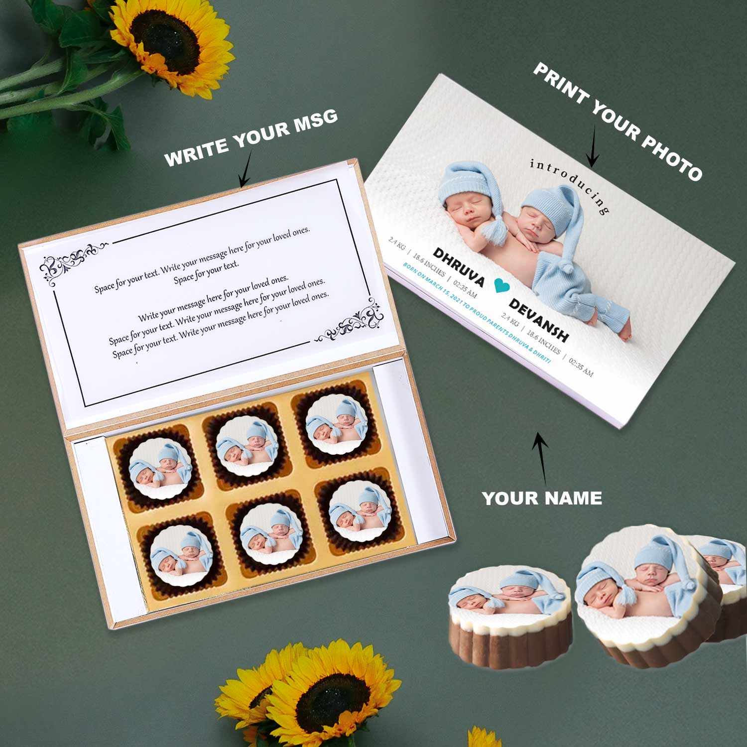 Tiny heart personalised twins announcement printed chocolates